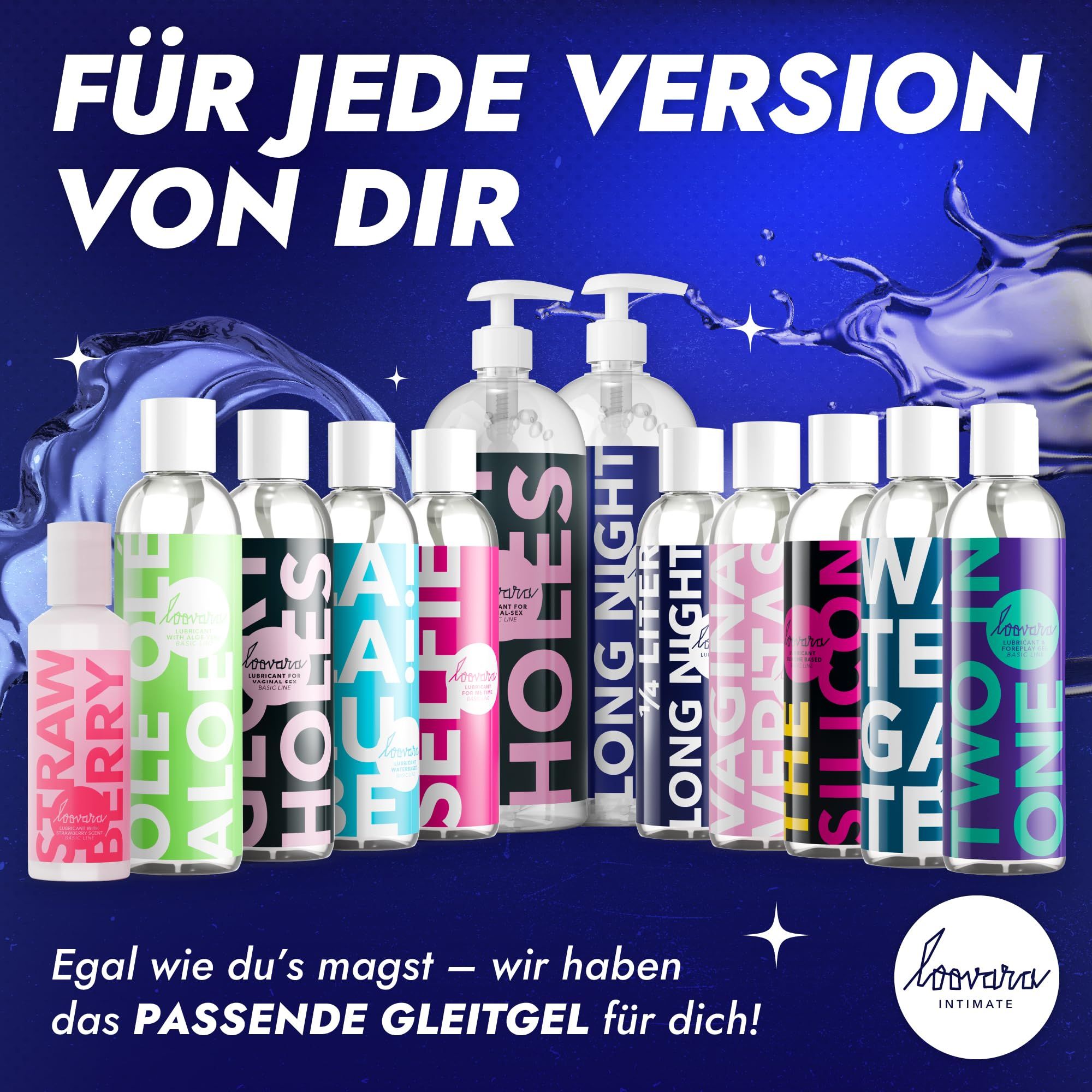 Loovara Intimate: Verschiedene Gleitmittel-Sorten in Flaschen, darunter Long Night Stand.