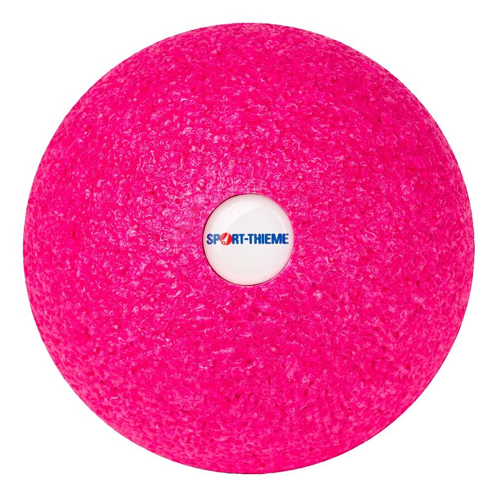 Pinkfarbener Ball mit rauer Oberfläche. Kleines, weißes Logo mit blauer Schrift.