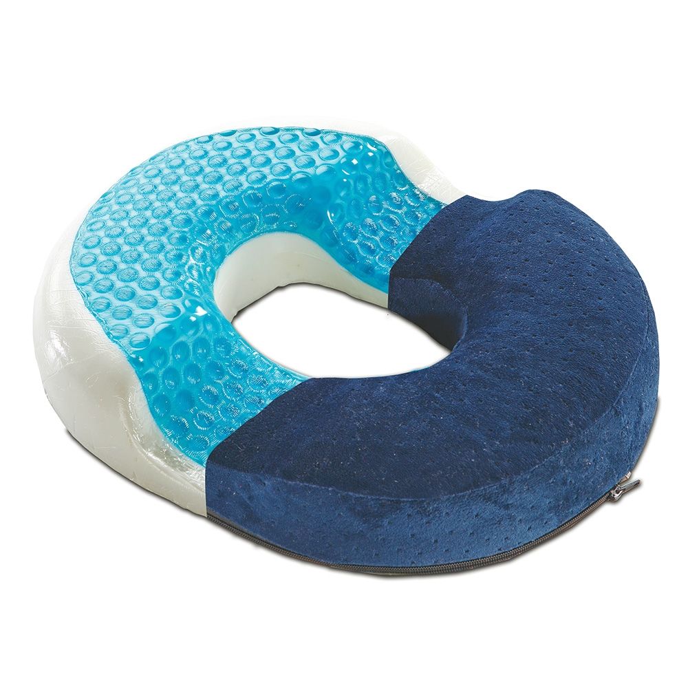 Sitzring mit Gel, blau und weiß, mit abnehmbarem Bezug. Teilweise transparente Gel-Füllung sichtbar.