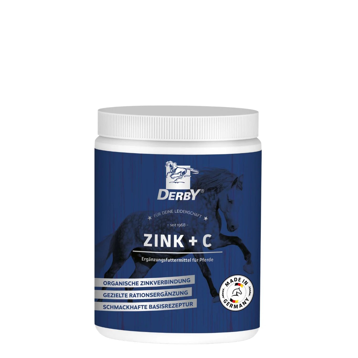 Blaue Dose mit weißem Deckel. Aufschrift Derby, Zink + C, Ergänzungsfuttermittel für Pferde. Made in Germany.