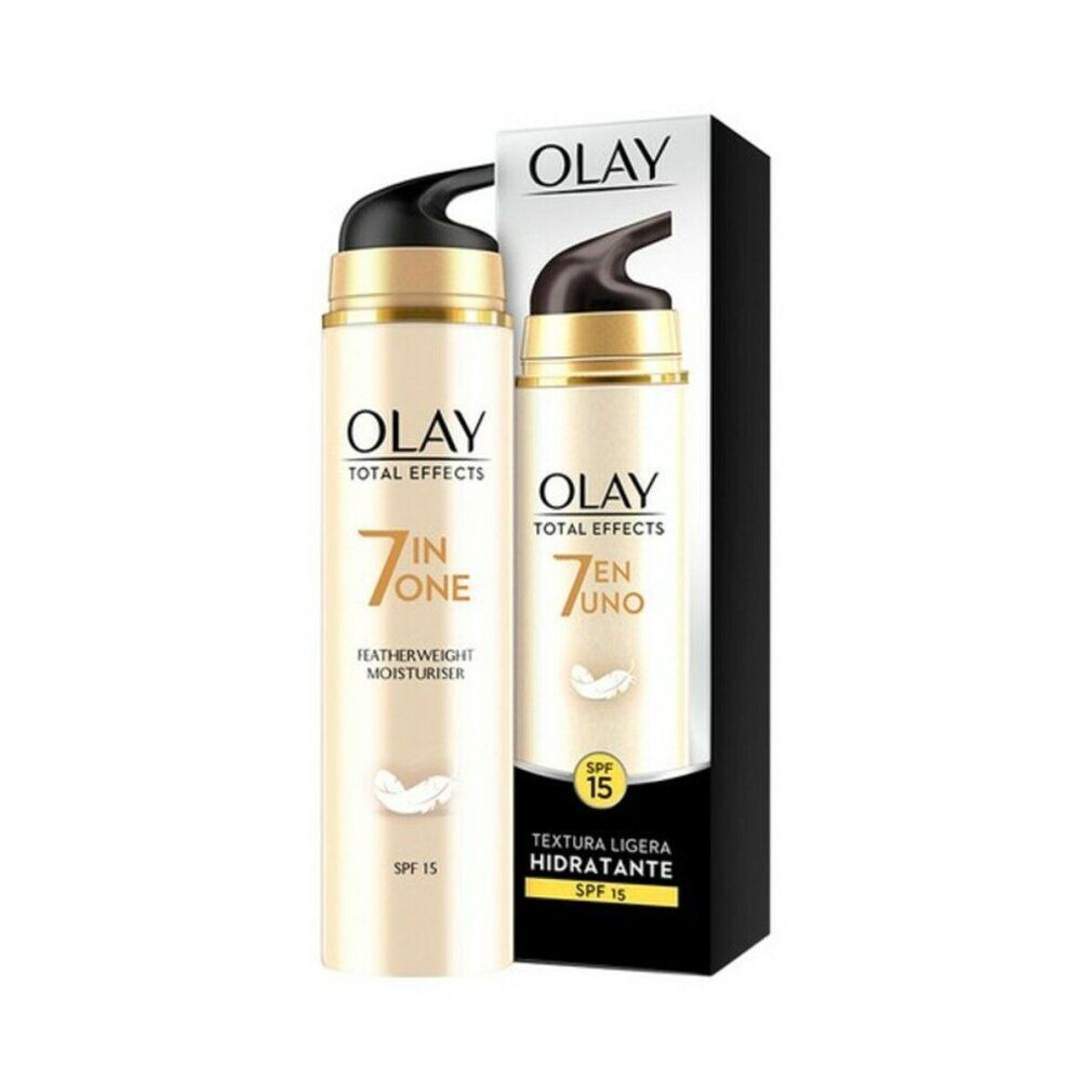 Olay Total Effects 7 In One Featherweight Moisturiser Spf15. Creme-Spender und Verpackung. Text: SPF 15, 7 in One, Featherweight Moisturiser.