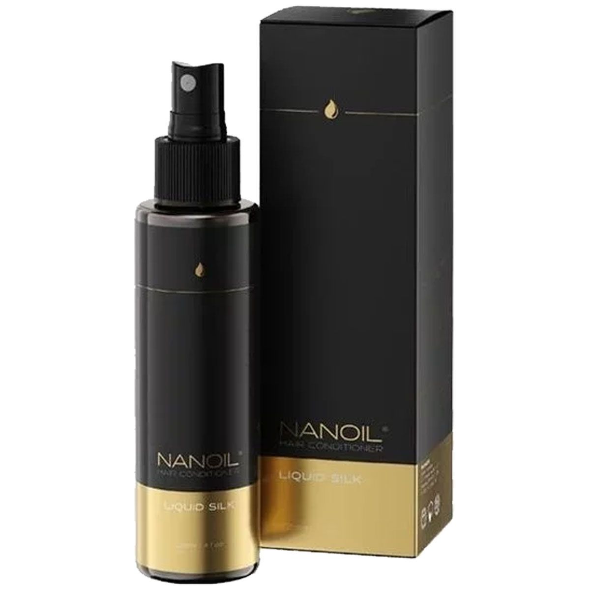 Nanoil Liquid Silk Hair Conditioner Sprühflasche mit schwarzer und goldener Verpackung.