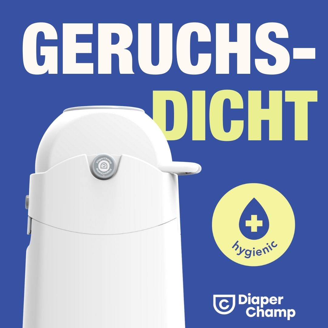 Weißer Windeleimer mit Deckel und Griff. Text: GERUCHSDICHT, hygienic. Logo: Diaper Champ.