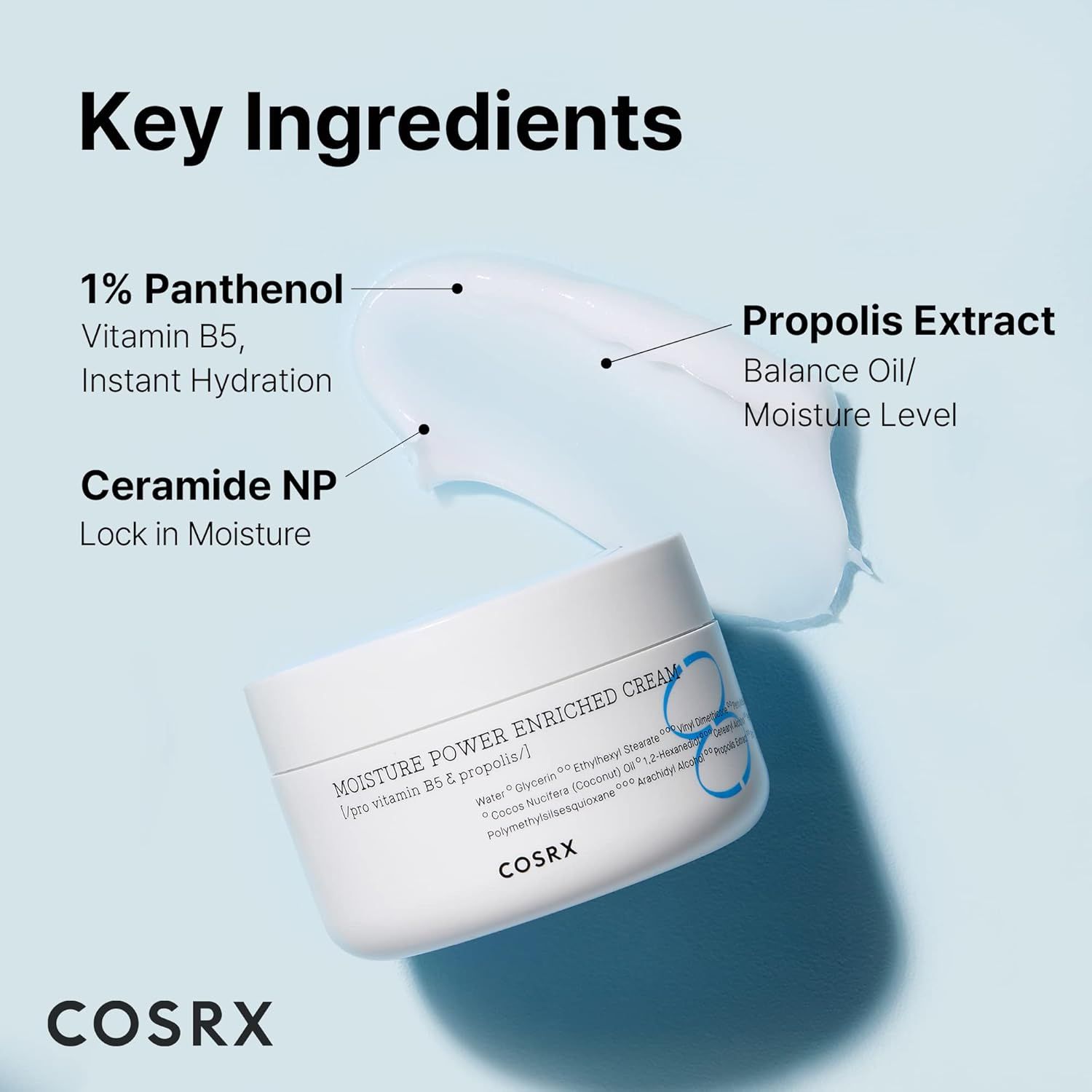 Produkt-Tiegel mit Inhaltsstoffen. Text: "Key Ingredients", "1% Panthenol", "Propolis Extract", "Ceramide NP", "COSRX".