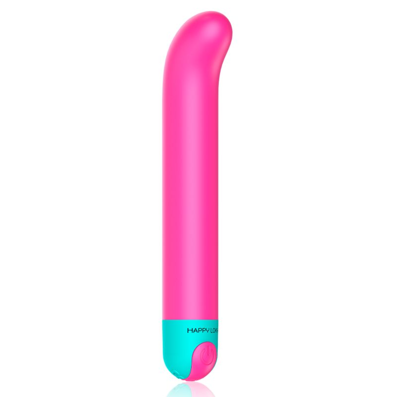 Pinkfarbener Vibrator mit blauem Fuß und gebogener Spitze. Auf dem Fuß steht "HAPPY LOKY".
