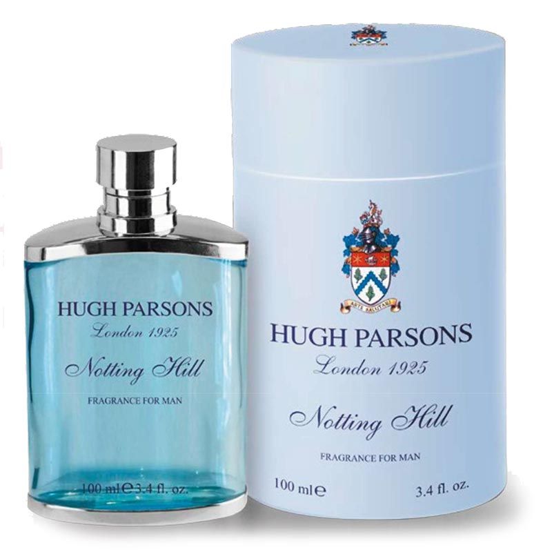 Hellblaues Parfumflakon und zylindrische Verpackung. Aufschrift: Hugh Parsons London 1925, Notting Hill, Fragrance for Man.