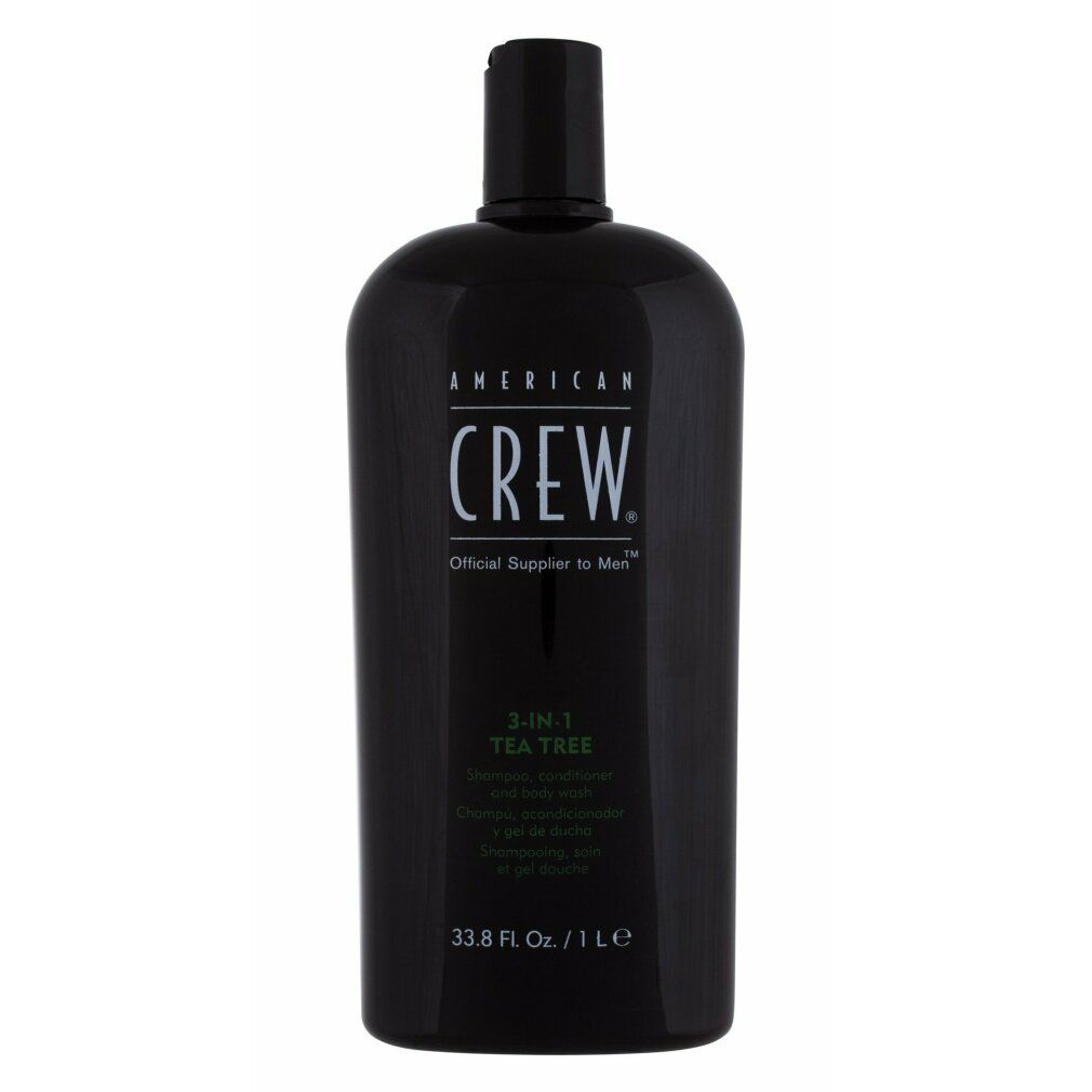 American Crew 3-in-1 Tea Tree Shampoo, Conditioner und Body Wash in schwarzer Flasche.