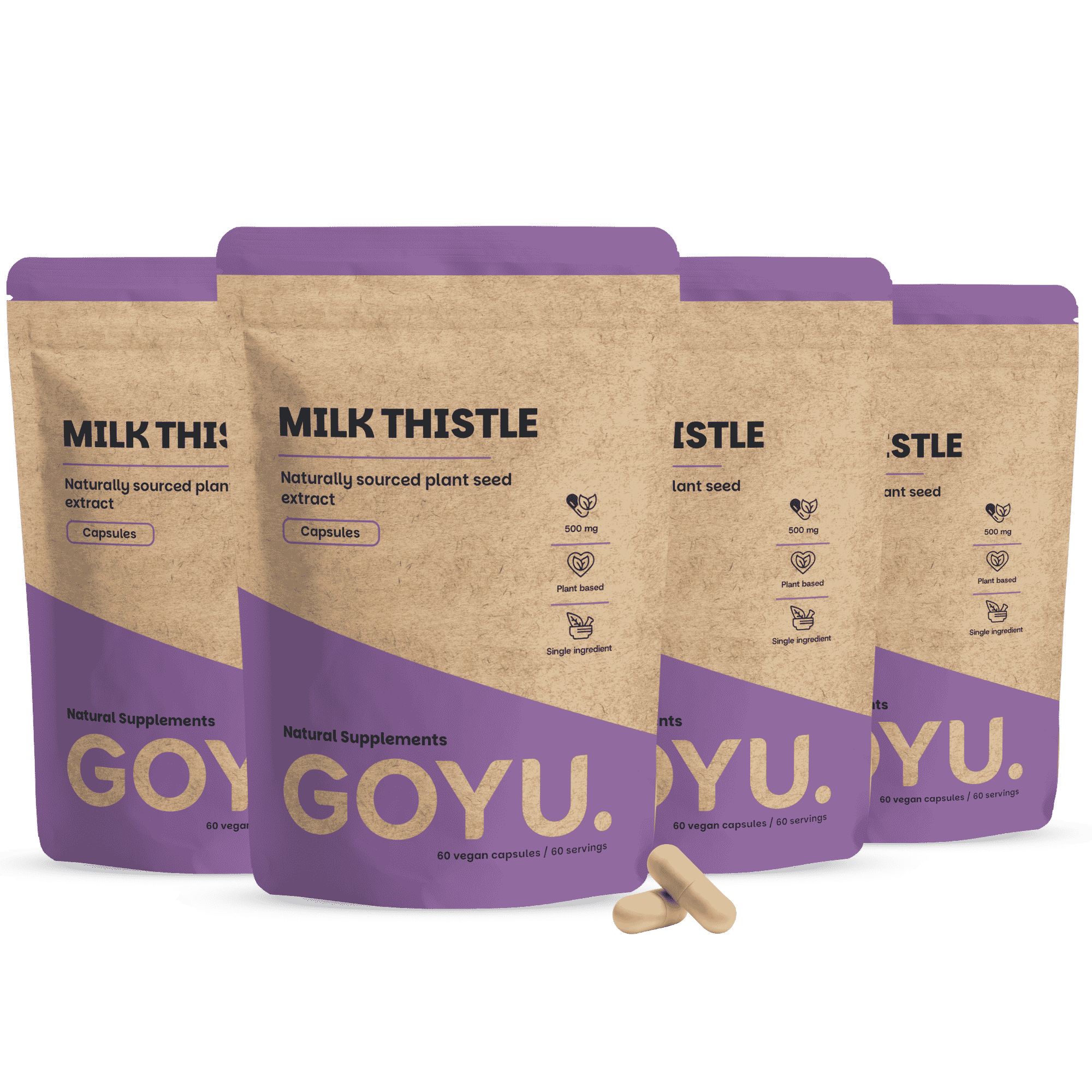 Vier Packungen GOYU Milchdistel-Kapseln, natürlich gewonnen aus Pflanzensamenextrakt.