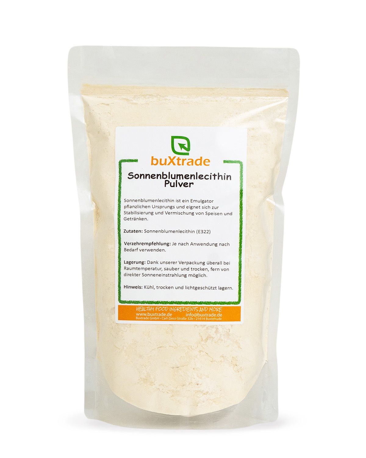 Verpackung mit buXtrade Sonnenblumenlecithin Pulver. Das Etikett enthält Produktinformationen und das Logo.