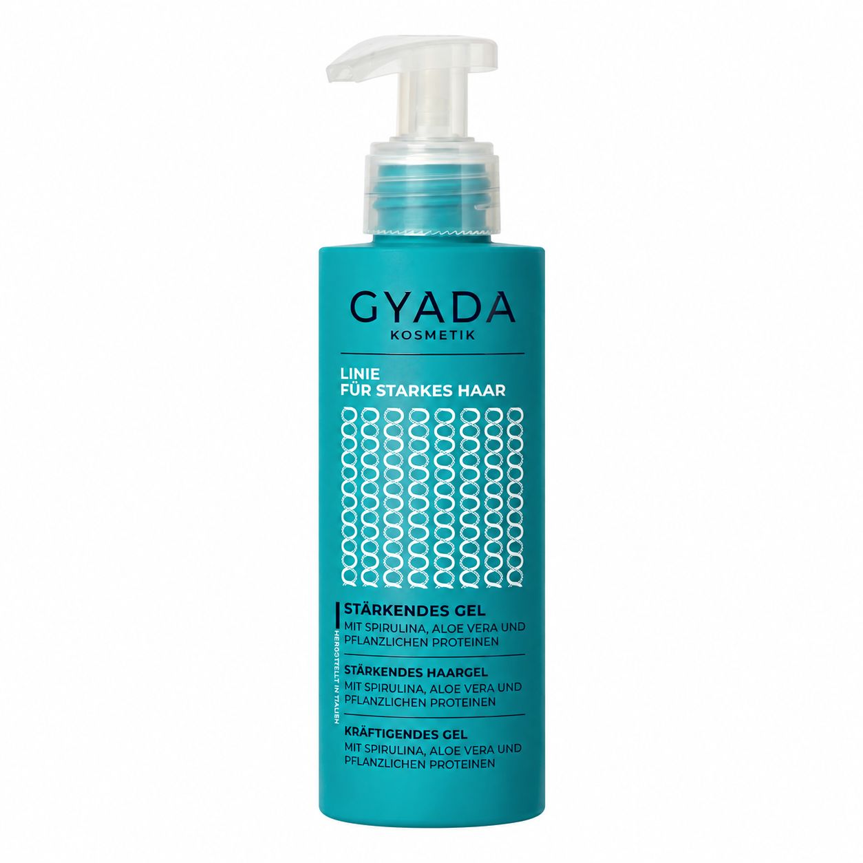 Türkise Flasche mit Pumpspender, GYADA KOSMETIK, Linie für starkes Haar, Stärkendes Gel.
