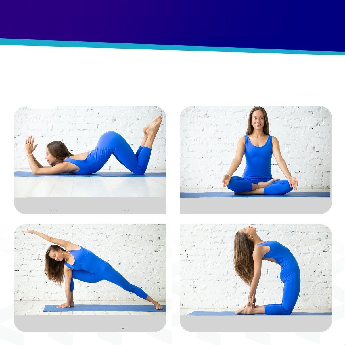 Vier Yoga-Posen auf blauem Yogamatten. Frauen in blauen Anzügen. Weißer Ziegelhintergrund. Verschiedene Posen.
