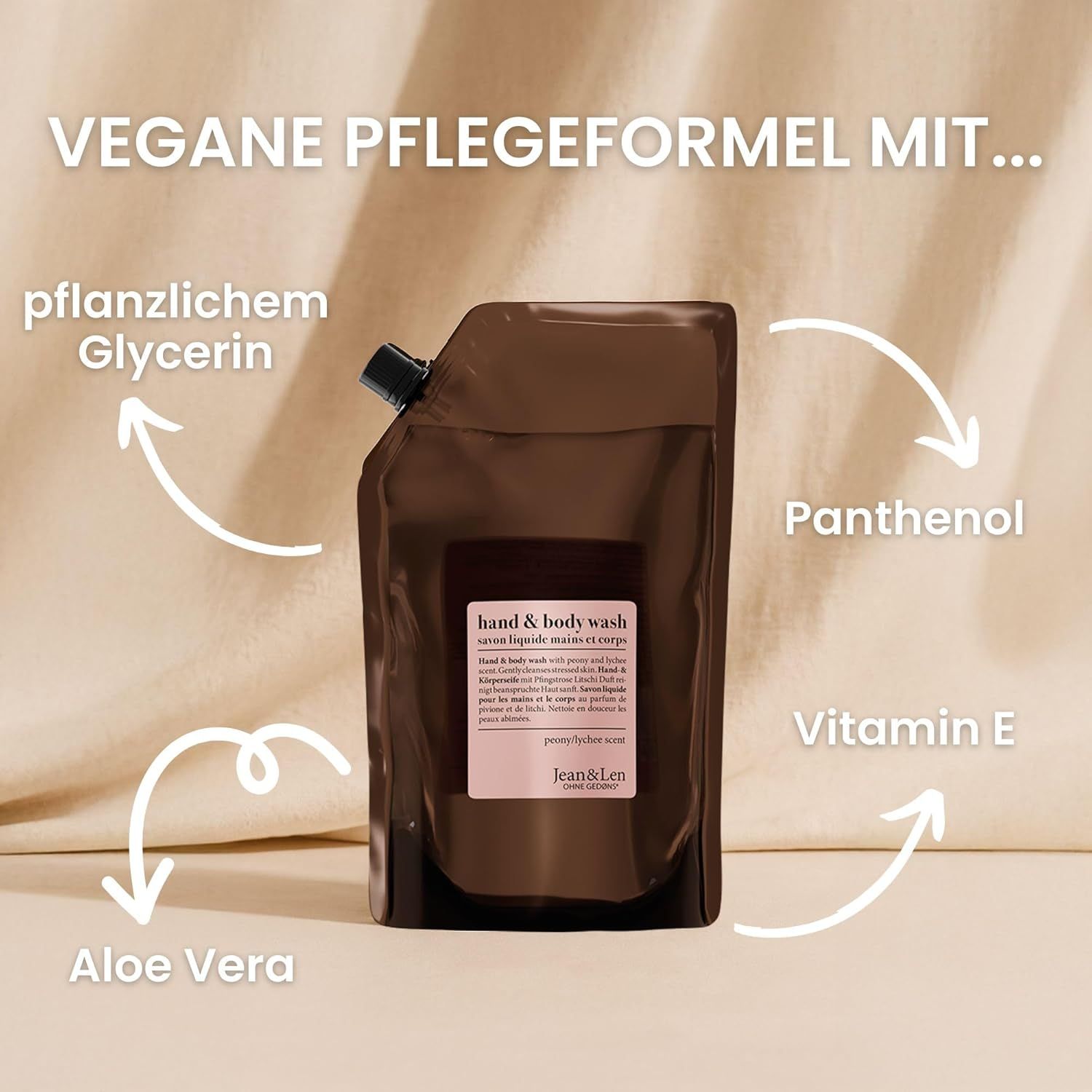 Braune Nachfüllpackung mit Produktinformationen. Text: Vegane Pflegeformel mit pflanzlichem Glycerin, Panthenol, Vitamin E, Aloe Vera.