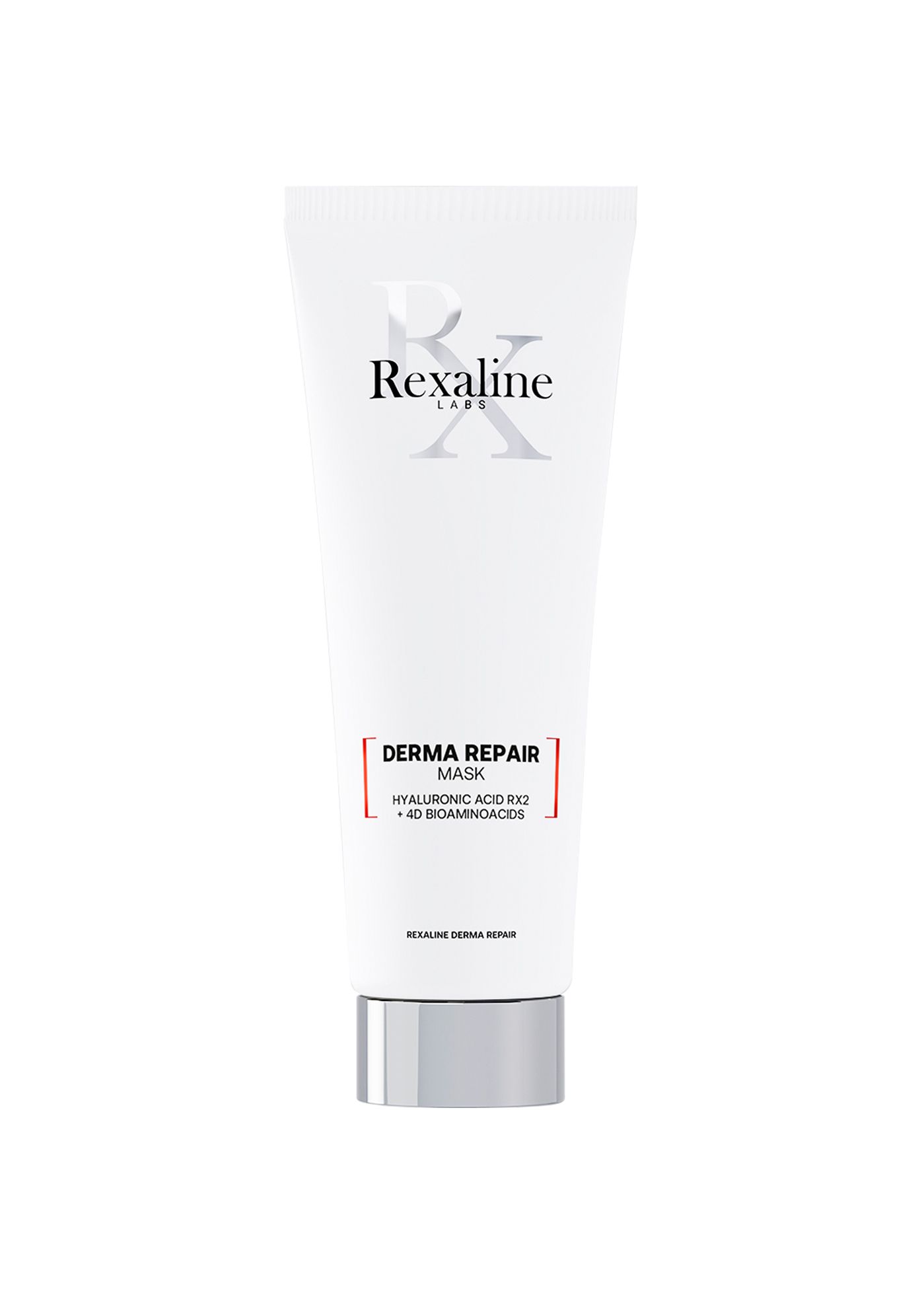 Weiße Tube mit silbernem Deckel. Aufschrift: Rexaline Labs, Derma Repair Mask. Enthält Hyaluronsäure RX2 und 40 Bioaminosäuren.