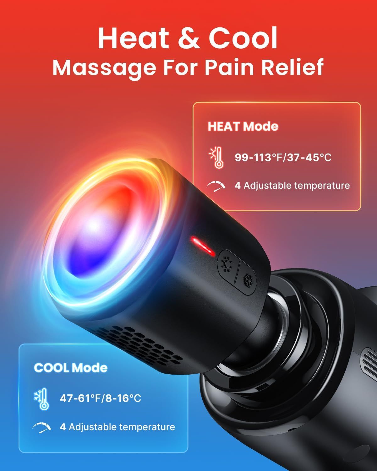 Schwarzes Massagegerät mit Kühl- und Heizfunktion. Temperaturanzeige in Celsius und Fahrenheit. 4 einstellbare Temperaturen.