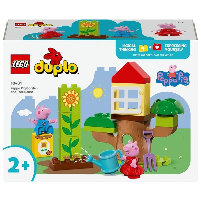 LEGO Duplo Set. Enthält Peppa Pig Figuren, Baumhaus, Blumen, Gießkanne und Zubehör. Verpackung mit Produktbild.