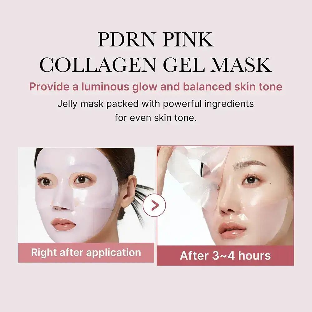 Medicube PDRN Pink Collagen Gel Mask, die eine leuchtende und ausgeglichene Haut verspricht.