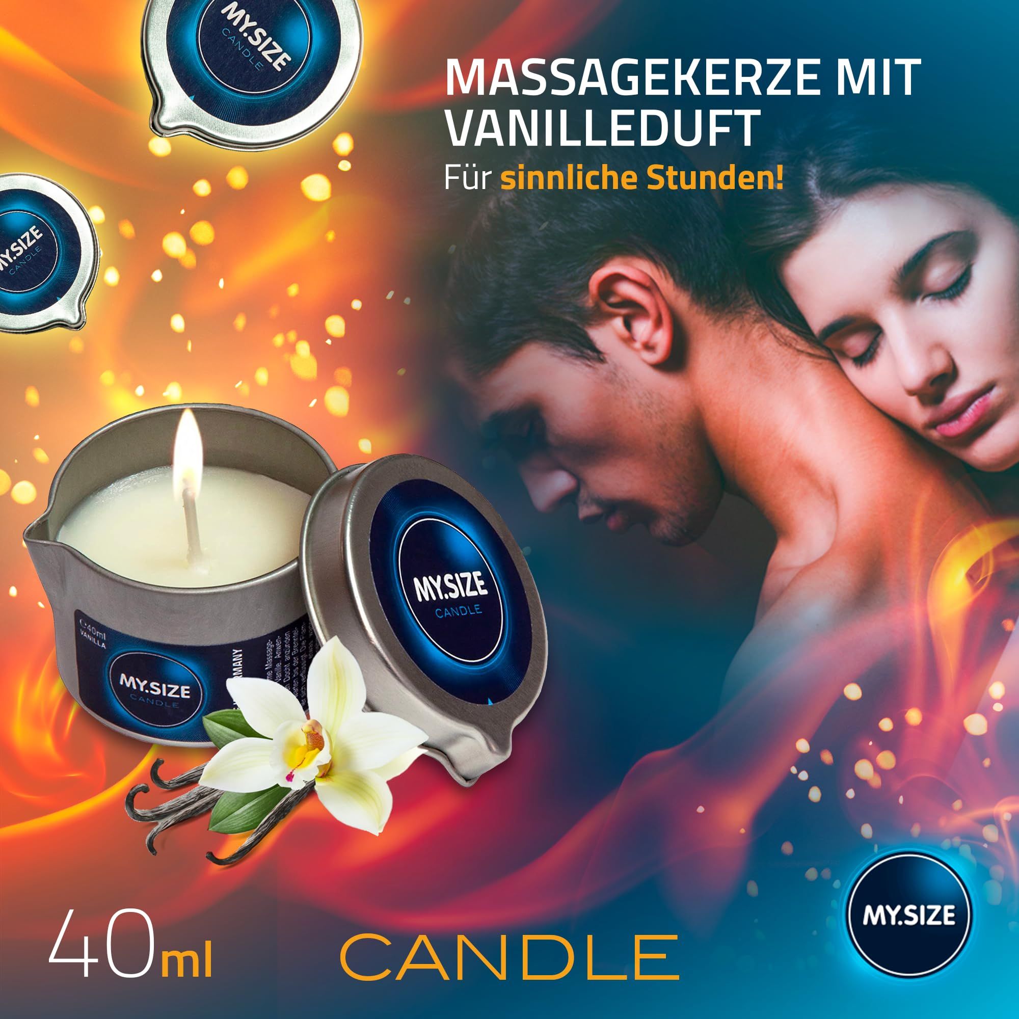 Massagekerze 'MY.SIZE' mit Vanilleduft, 40ml, umgeben von Kondomen.
