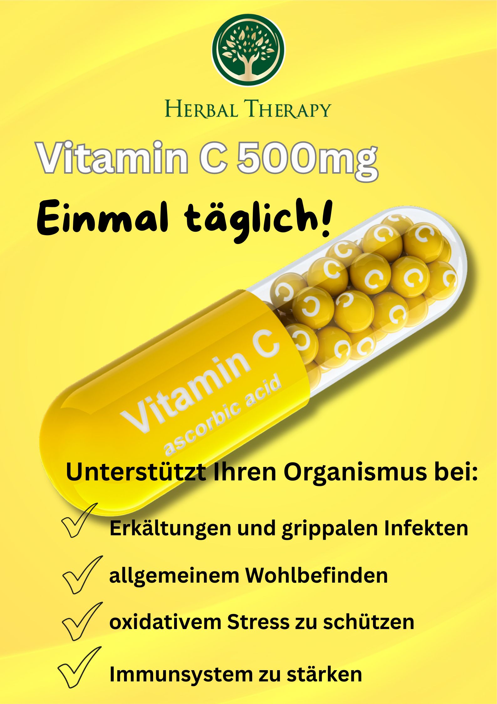 Gelbe Kapsel mit Vitamin C-Kügelchen. Text: Vitamin C, einmal täglich! Unterstützt bei Erkältungen, Wohlbefinden, Stress, Immunsystem.