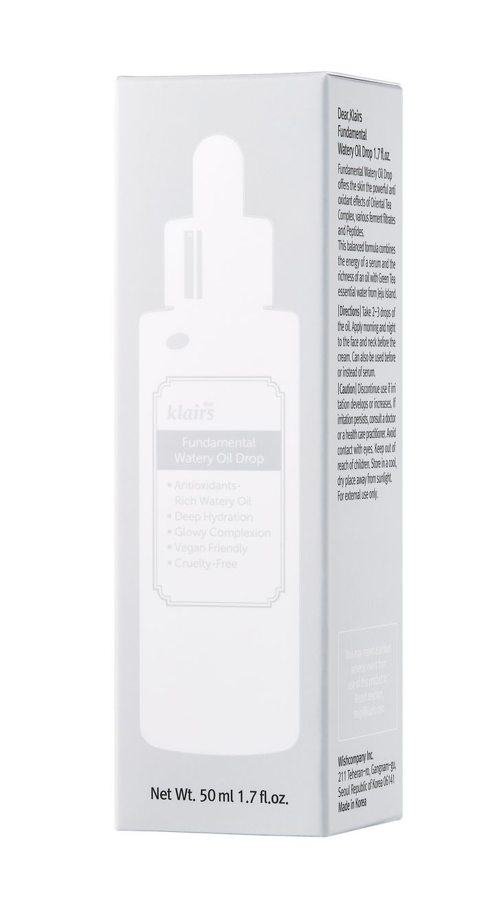 Klairs Fundamental Watery Oil Drop Serum Verpackung mit Flaschenabbildung und Produktinformationen.