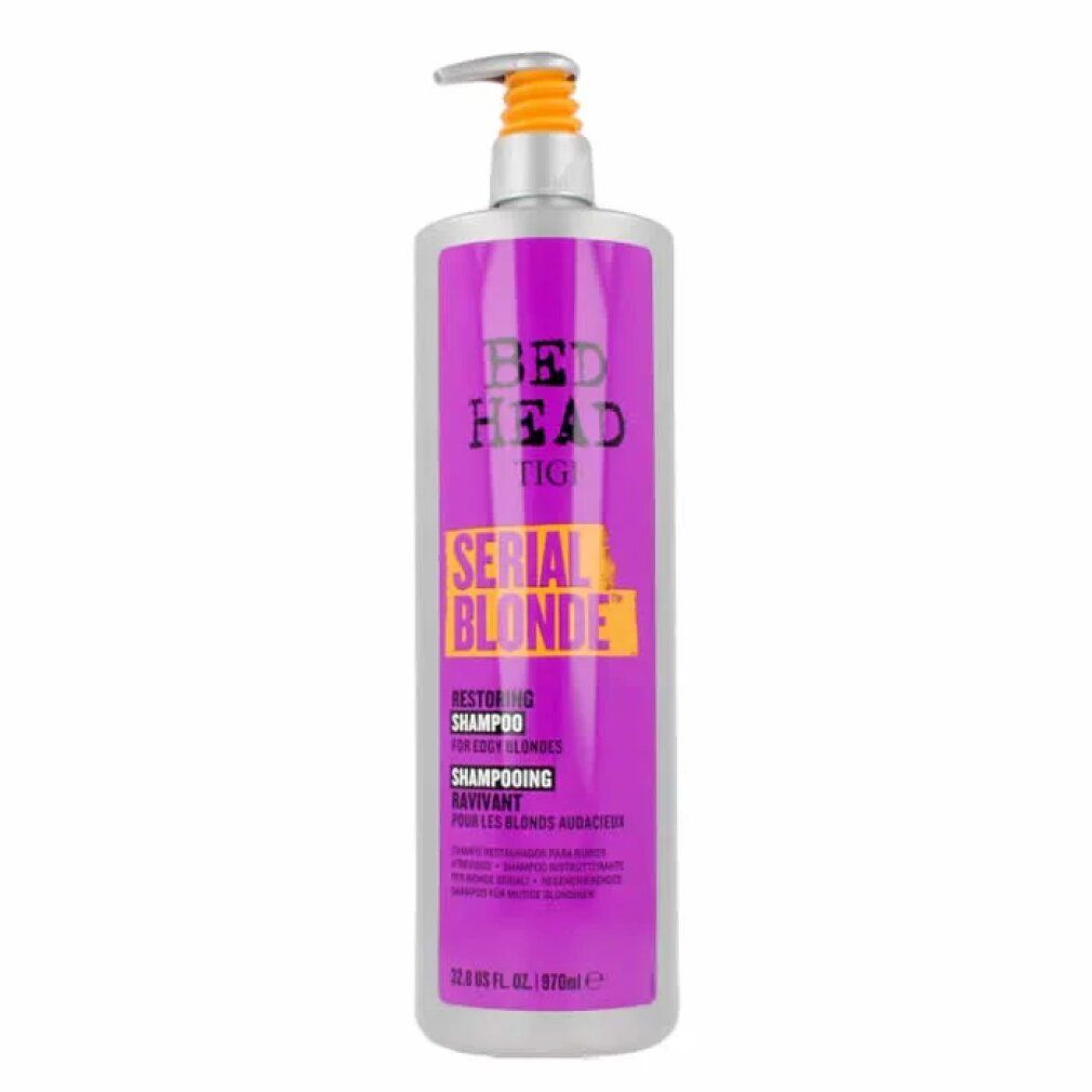 Tigi Bed Head Serial Blonde Shampoo Flasche. Lila Flasche mit gelbem Etikett. Pumpe mit orangefarbenem Kopf.