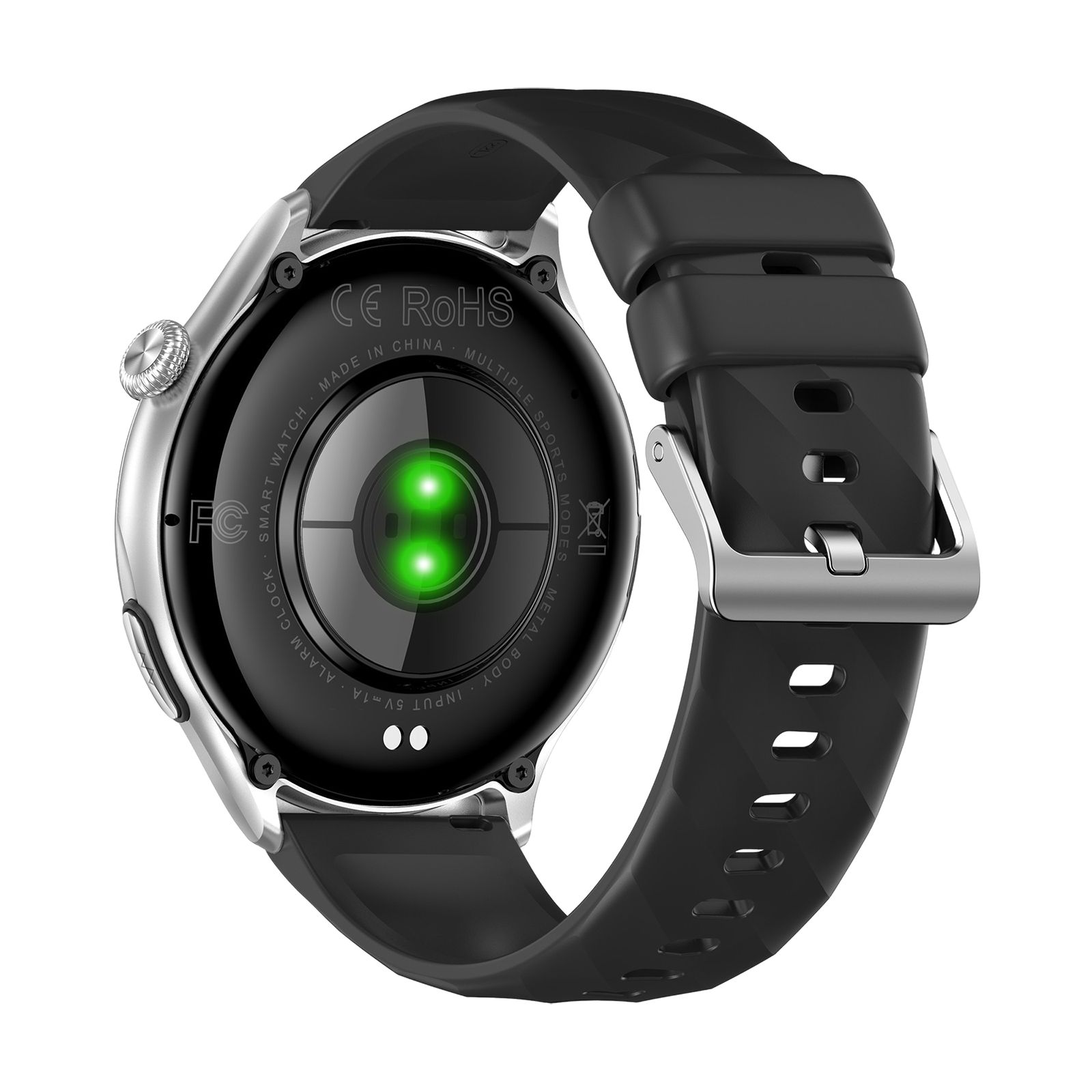Rückseite einer Smartwatch. Silbernes Gehäuse, schwarzes Armband. Sensoren, CE-Zeichen, "Made in China".