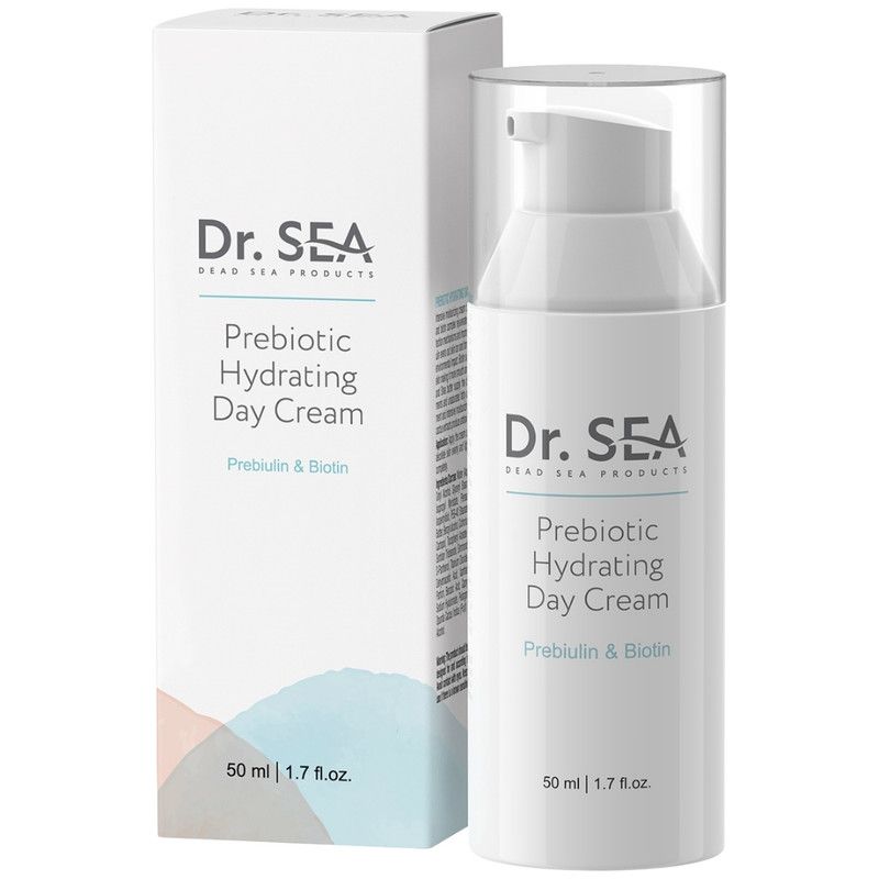 Weiße Flasche mit Pumpe. Aufschrift: Dr. SEA, Prebiotic Hydrating Day Cream, Prebiulin & Biotin. 50 ml.