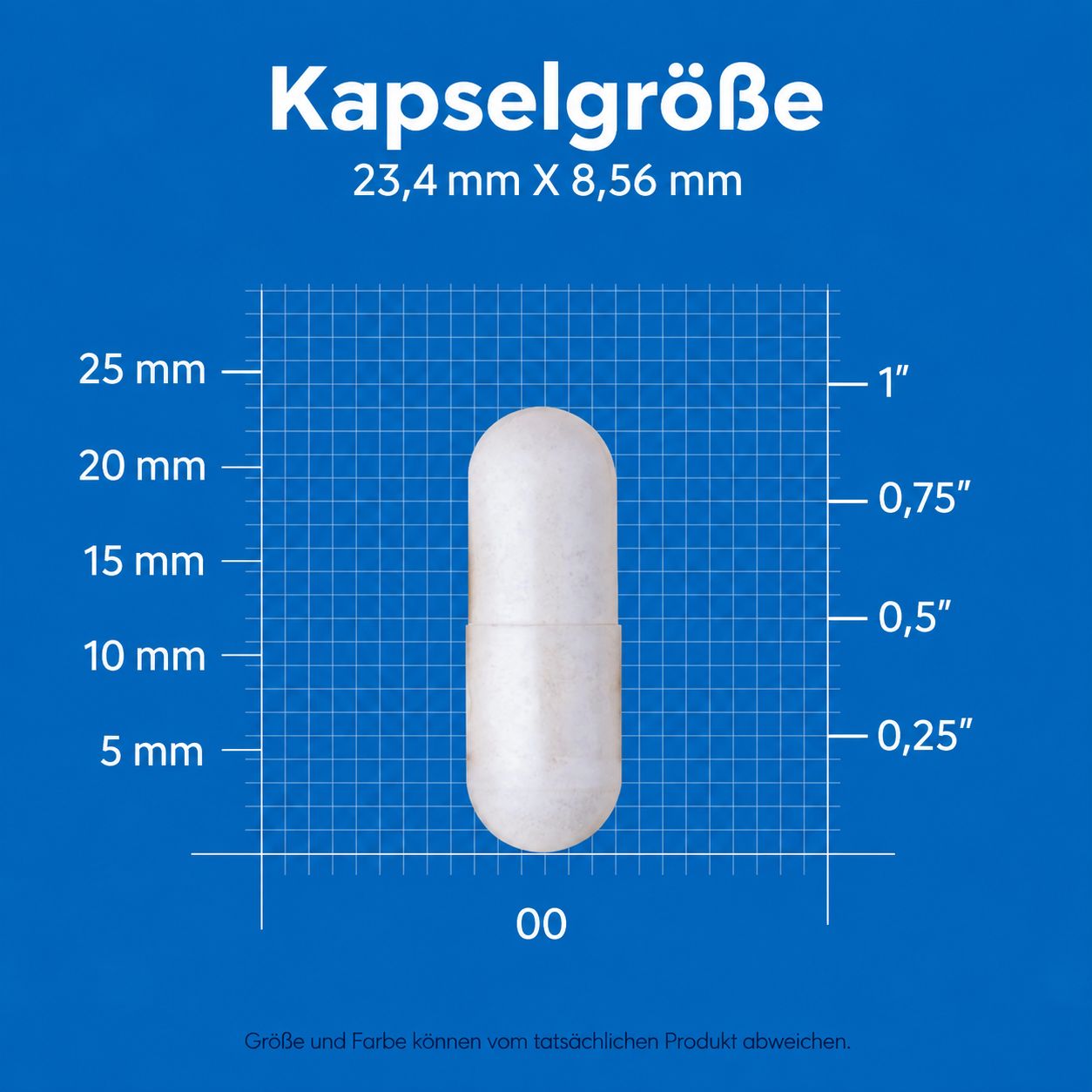 Größe einer Kapsel: 23,4 mm x 8,56 mm. Größe 00.