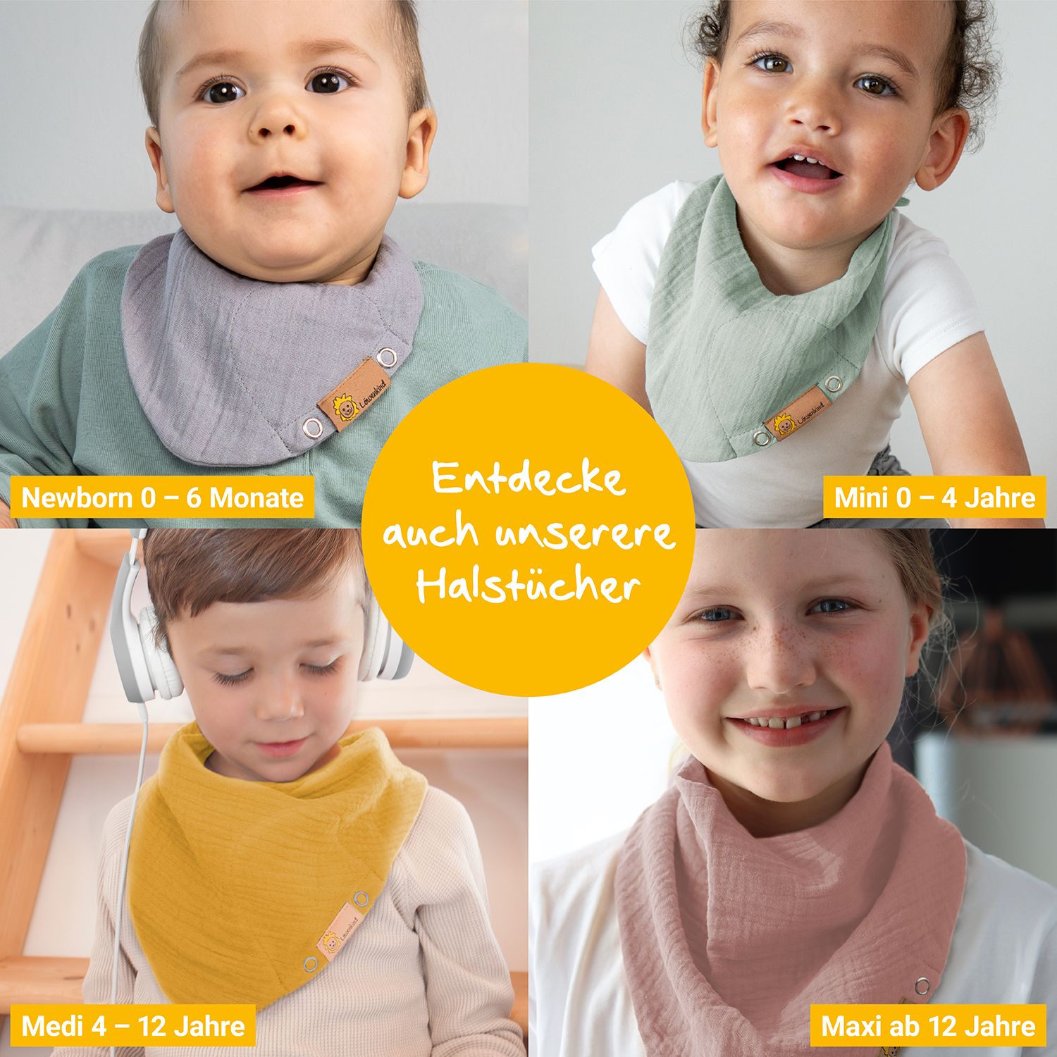 Vier Kinder mit Halstüchern. Text: Entdecke auch unsere Halstücher. Größen: Newborn, Mini, Medi, Maxi. Logo: Löwenkind.