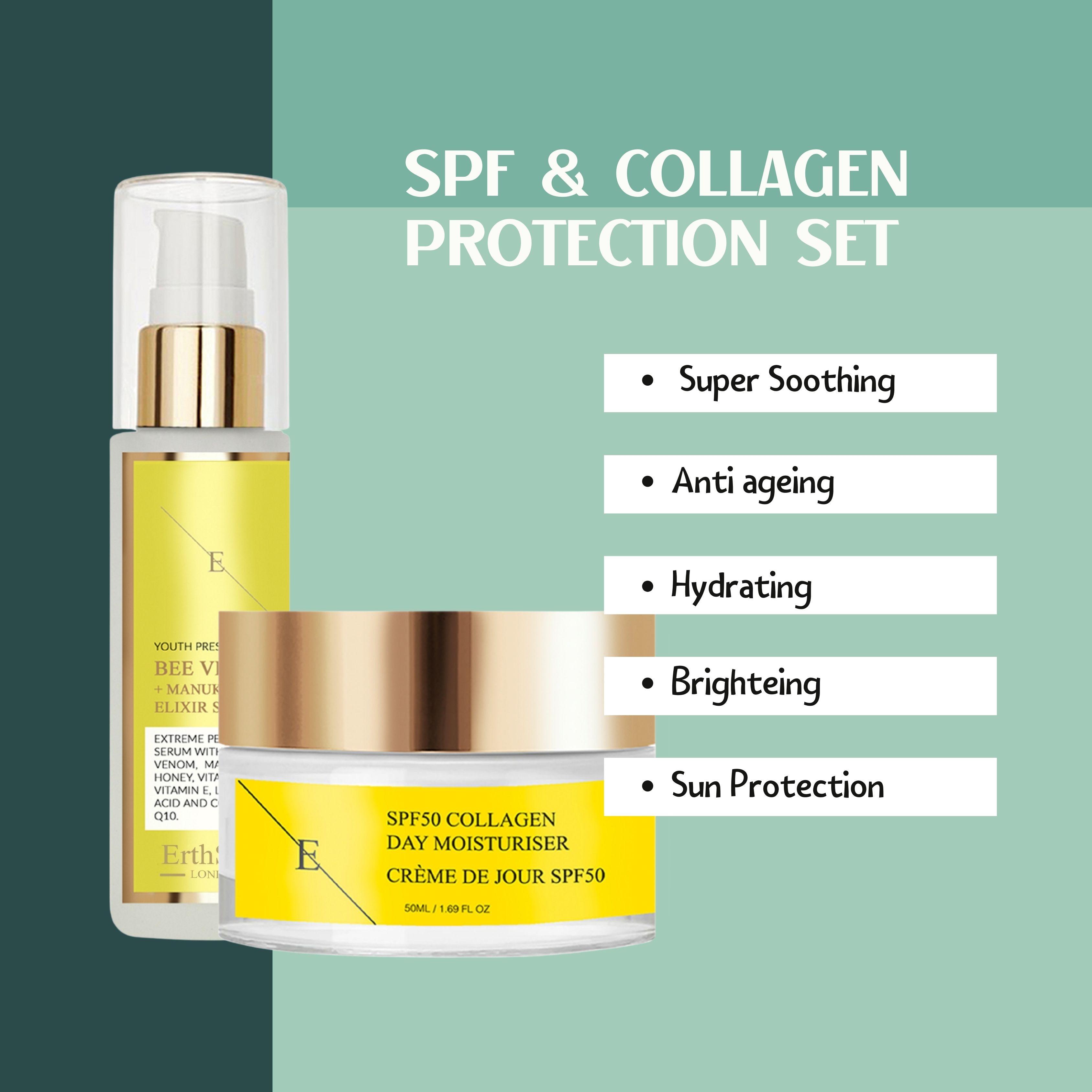 Kosmetik-Set mit Serum und Creme. Text: 'SPF & Collagen Protection Set'. Aufzählungspunkte: 'Super Soothing', 'Anti ageing', 'Hydrating', 'Brightening', 'Sun Protection'.
