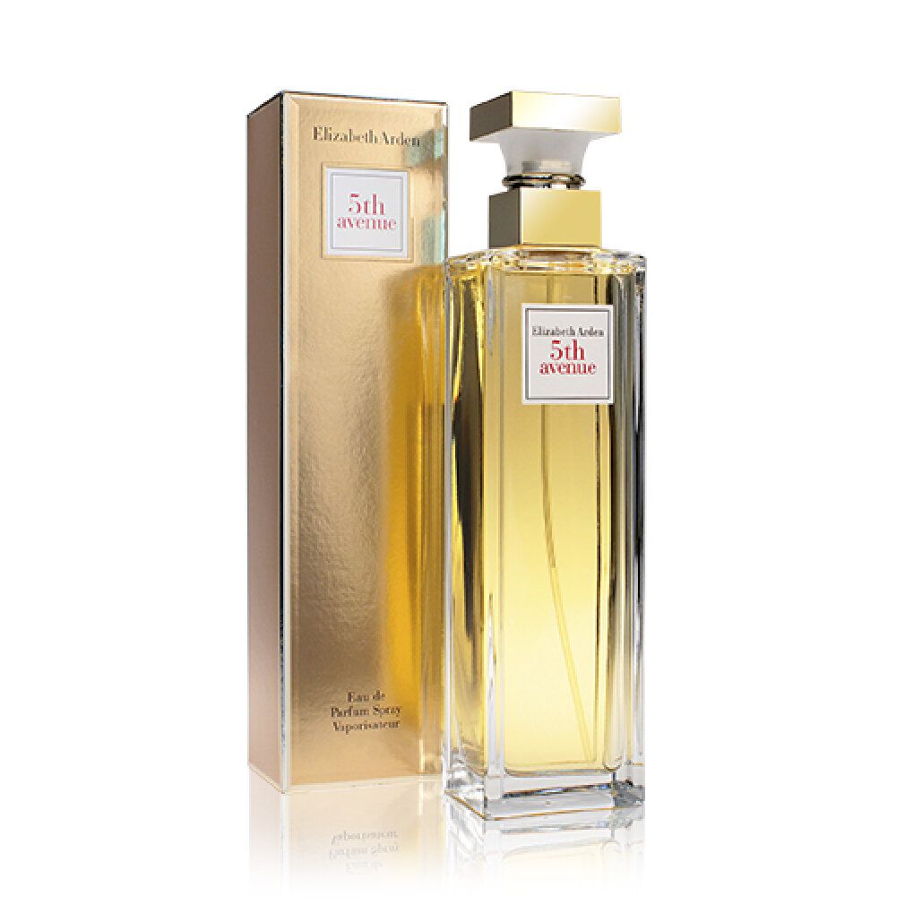 Parfümflakon und goldfarbene Schachtel. Auf der Schachtel steht Elizabeth Arden 5th avenue. Flakon rechteckig.