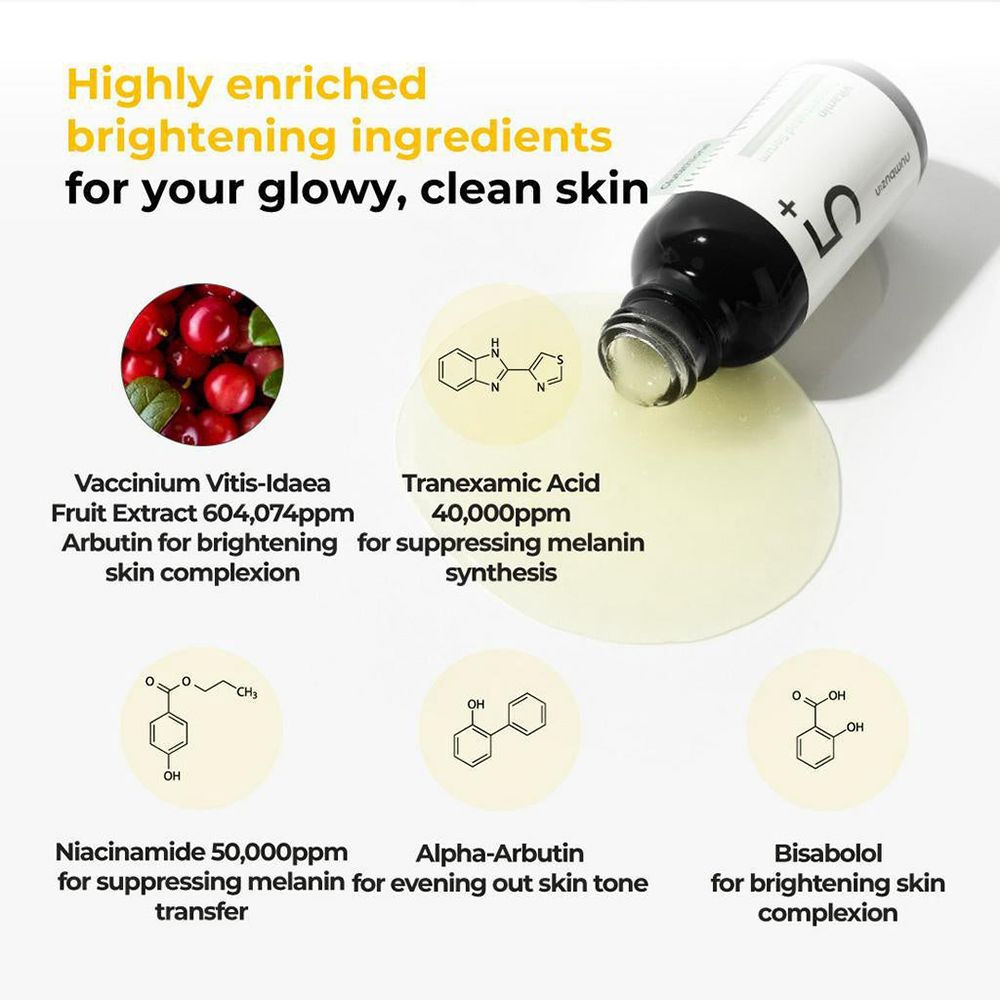 Produktflasche mit Inhaltsstoff-Grafiken. Enthält Cranberry-Extrakt, Tranexamsäure, Niacinamid, Alpha-Arbutin und Bisabolol.