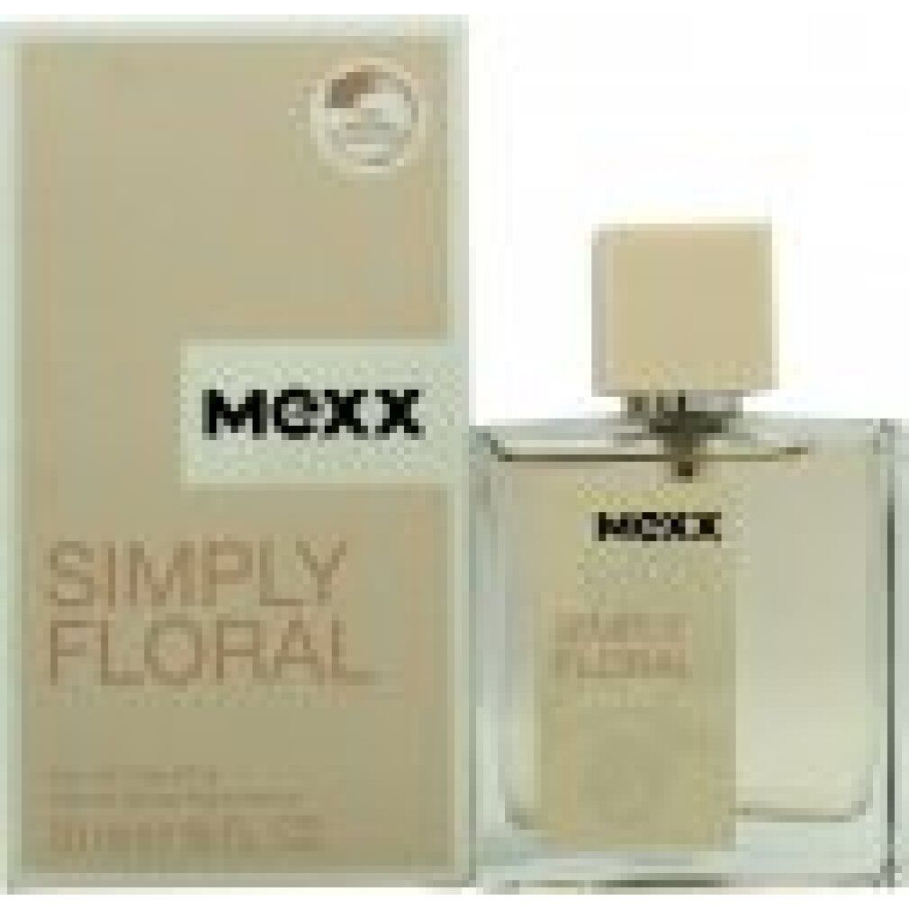 Mexx Simply Floral Eau de Toilette Spray. Rechteckiger Flakon und Verpackung. Beige-farbene Schrift und Logo.