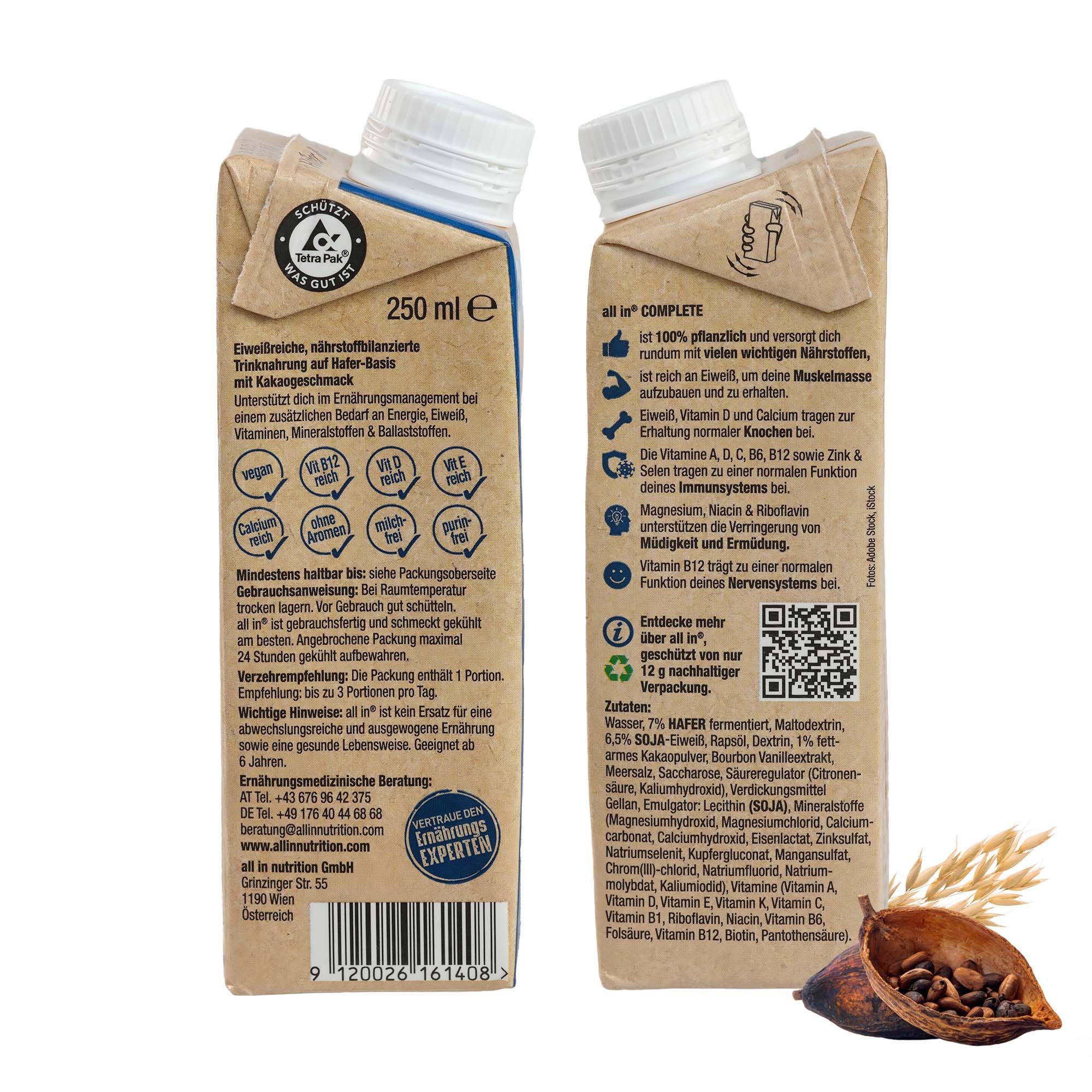 ALLIN COMPLETE Protein Mahlzeit Hafer & Kakao VEGAN, 250 ml, Rückseite.
