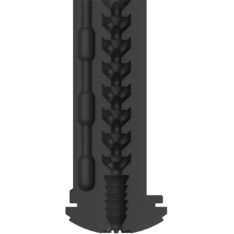 Titan Anal Sleeve, Seitenansicht, zeigt die gerillte Innenstruktur und den Abschluss.