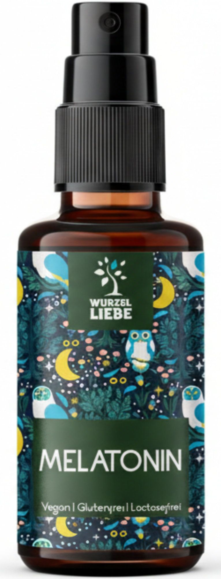 Braune Glasflasche mit schwarzem Sprühkopf. Aufschrift: MELATONIN. Vegan, glutenfrei, laktosefrei. Marke: WURZEL LIEBE.