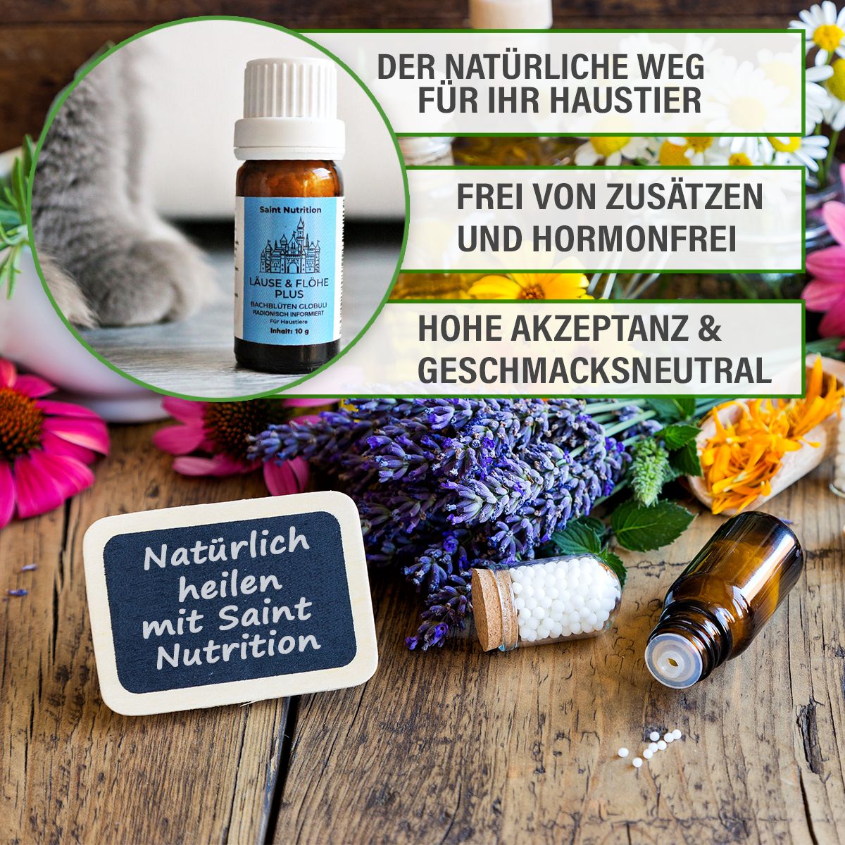 Produktflasche mit blauem Etikett, umgeben von Kräutern und Blüten. Text: Natürlich heilen mit Saint Nutrition. Globuli-Behälter.