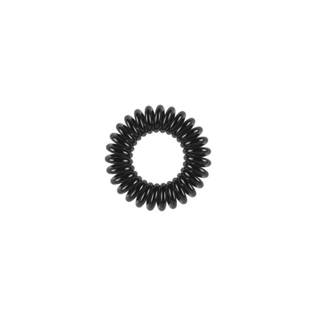 Schwarzes Haargummi in Spiralform. Glänzendes Material, kreisförmige Anordnung. Detailaufnahme auf weißem Hintergrund.