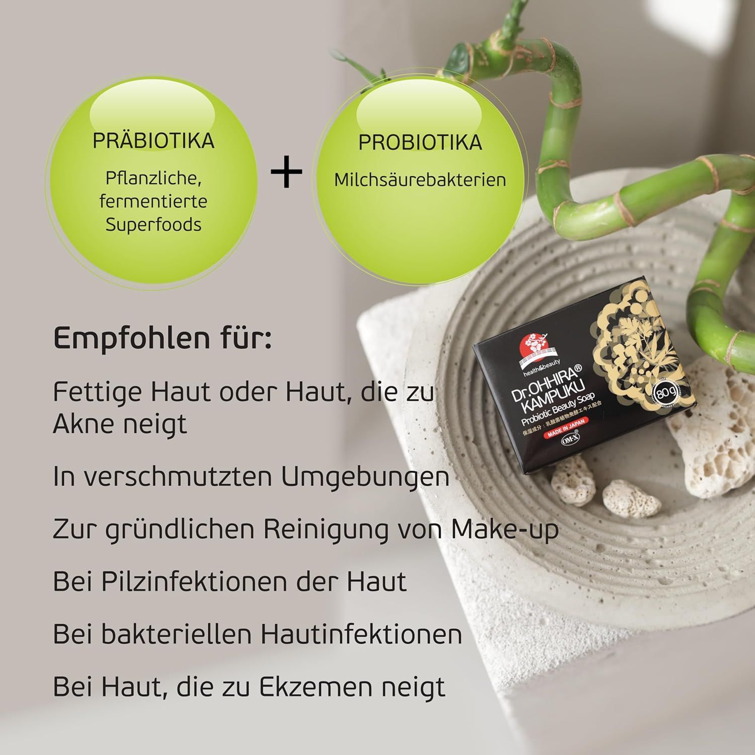 Dr. OHHIRA KAMPUKU Seife mit Bambus-Dekor. Empfehlungen für fettige, zu Akne neigende Haut.