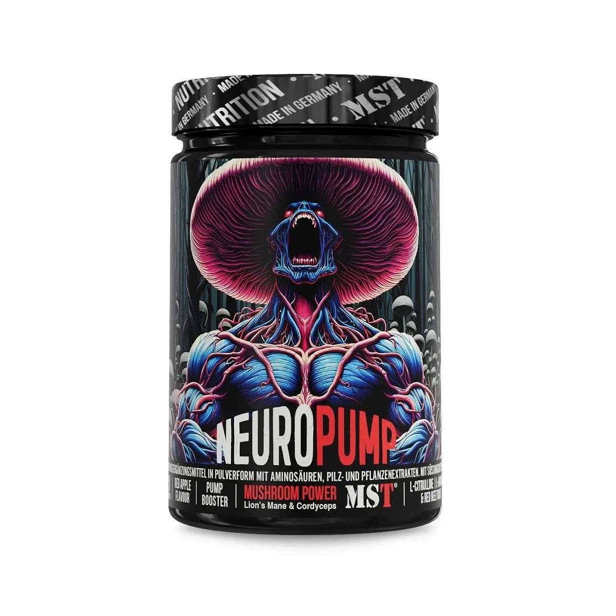 Schwarze Dose mit farbenfrohem Design. Text: NeuroPump, Mushroom Power, MST Nutrition. Grüner Apfel Geschmack. Abbildung eines Monsters.