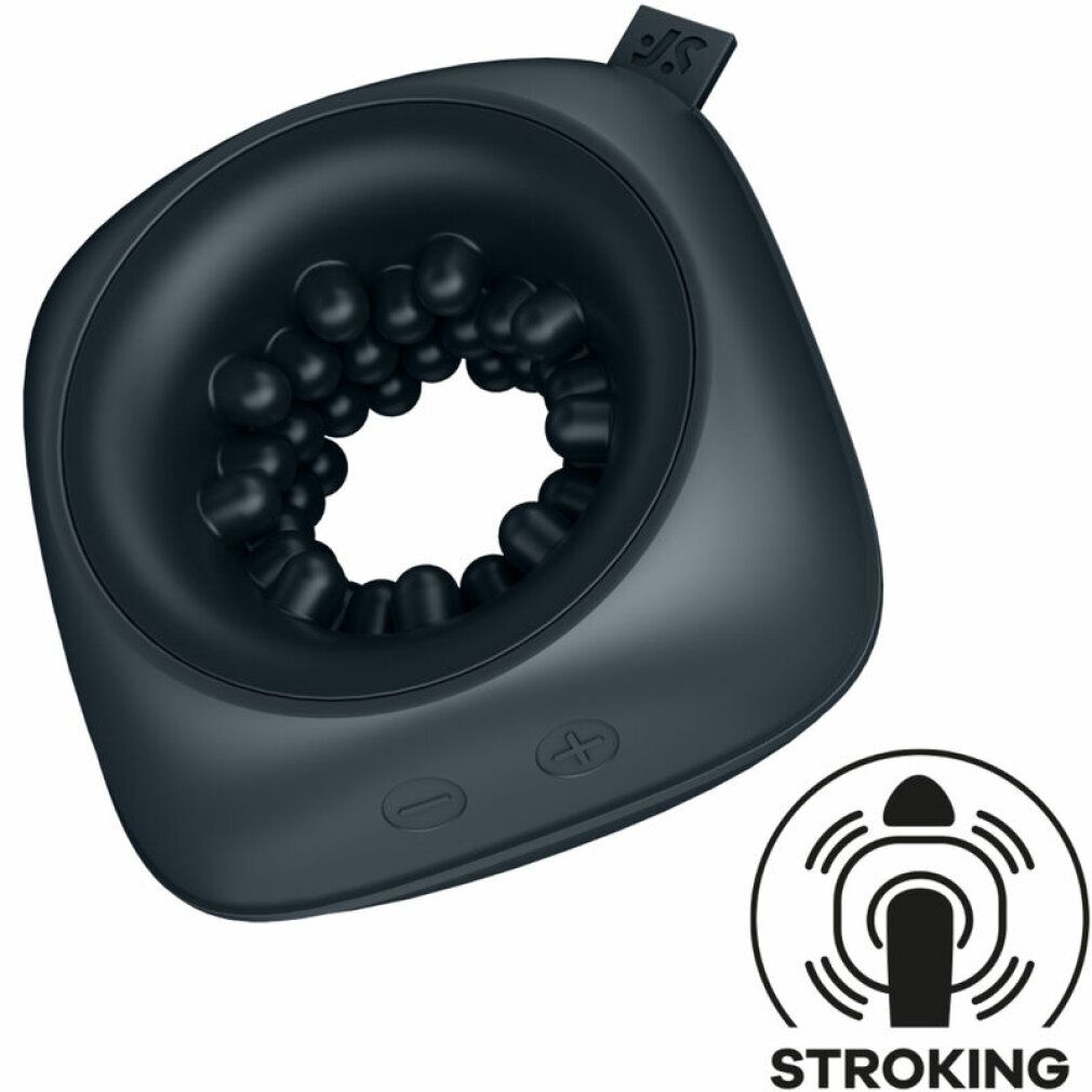 Dunkelgraues Gerät mit ringförmiger Öffnung und Noppen. Bedienknöpfe und Logo. Symbol für Vibration. Text: STROKING.