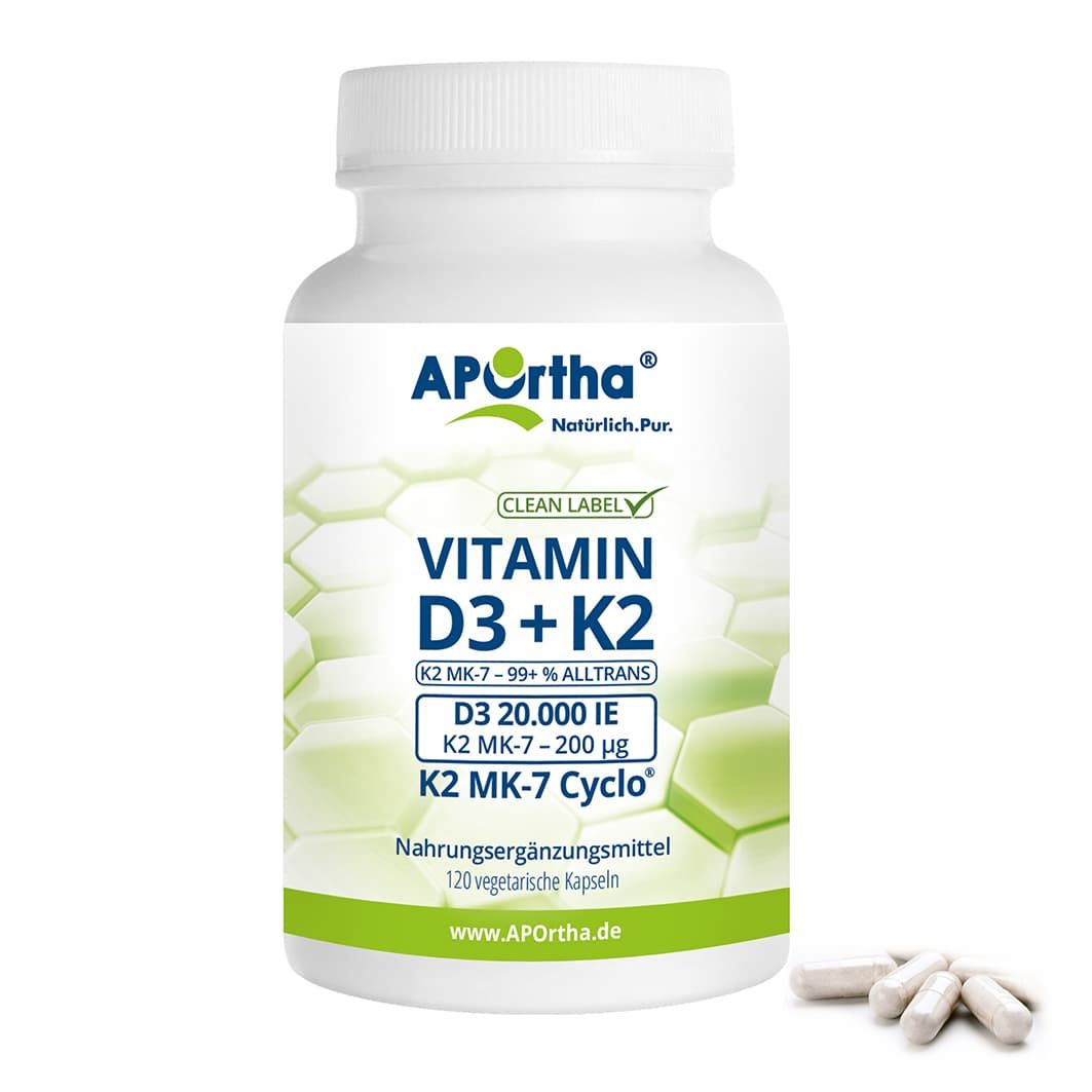 APOrtha Vitamin D3 + K2 Kapseln: Flasche mit 120 vegetarischen Kapseln und einzelnen Kapseln daneben.