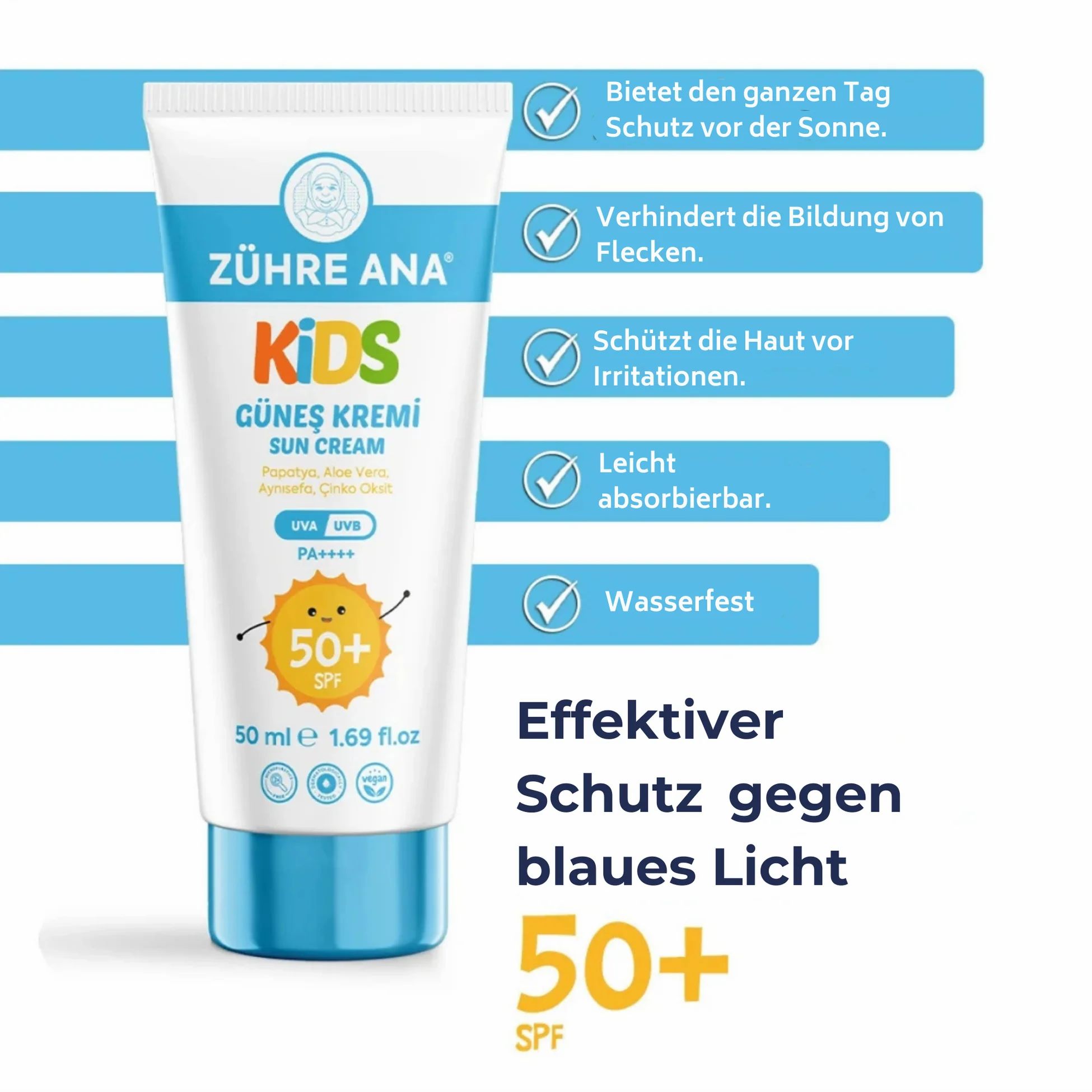 Sonnencreme-Tube. Zühre Ana Kids Sonnenschutz Spf 50+. Weiße Tube, blaue Kappe. Text und Icons. Zusätzliche Textinformationen.