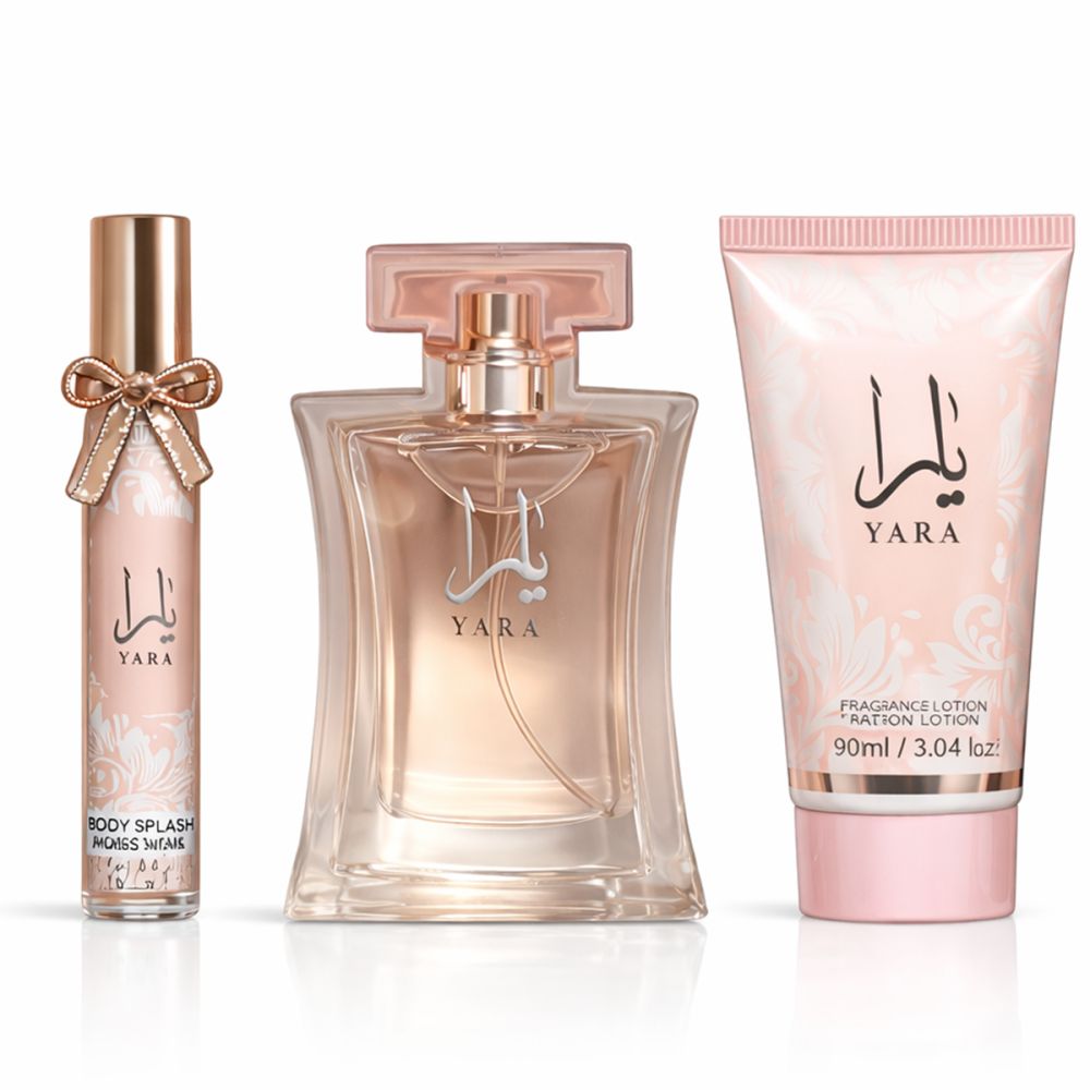 Drei Produkte: Parfüm, Körperspray und Lotion. Rosa Flakons mit arabischer Schrift. Marke Yara.