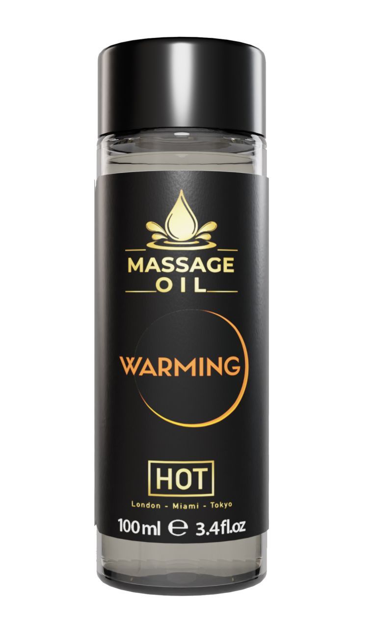 Zylindrische Flasche mit schwarzem Etikett. 'MASSAGE OIL Warming' und 'HOT' Text. Schwarzer Deckel.
