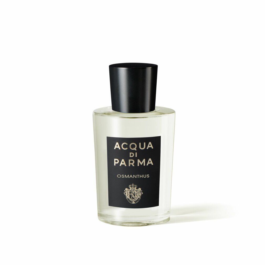Glasflakon mit schwarzem Verschluss. Aufschrift Acqua di Parma Osmanthus auf schwarzem Etikett.
