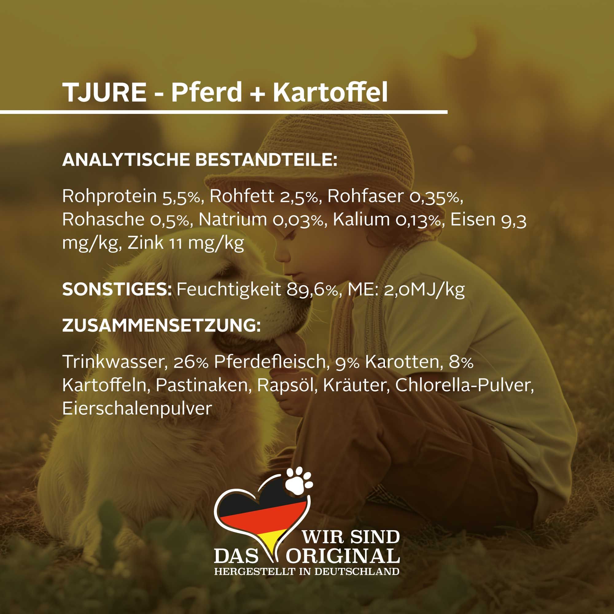 Text auf weißem Hintergrund. Analytische Bestandteile und Zusammensetzung von Tjure Hund All in One. Logo: Herz mit deutscher Flagge.