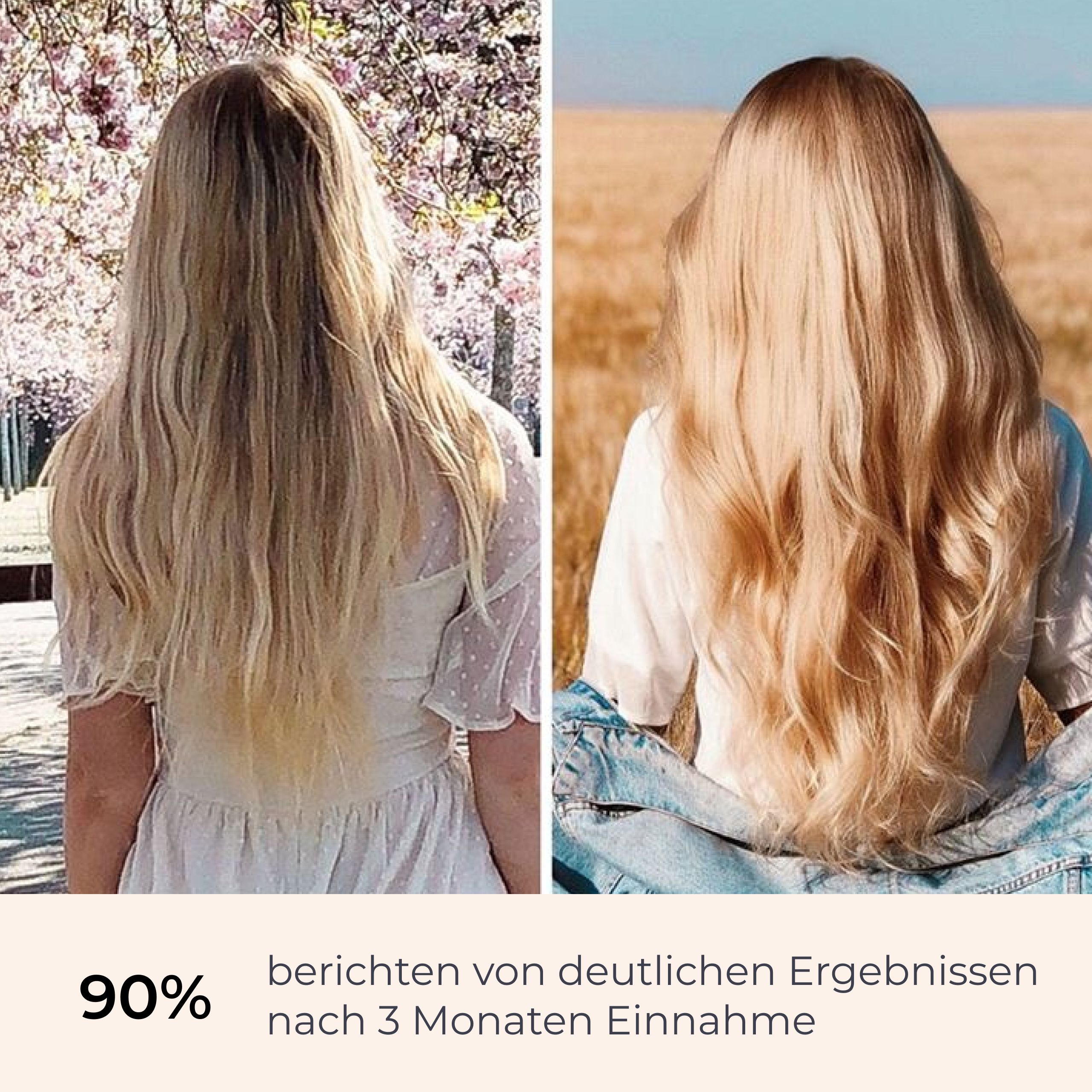 Vorher-Nachher-Vergleich von Haaren. 90% berichteten von deutlichen Ergebnissen nach 3 Monaten Einnahme.