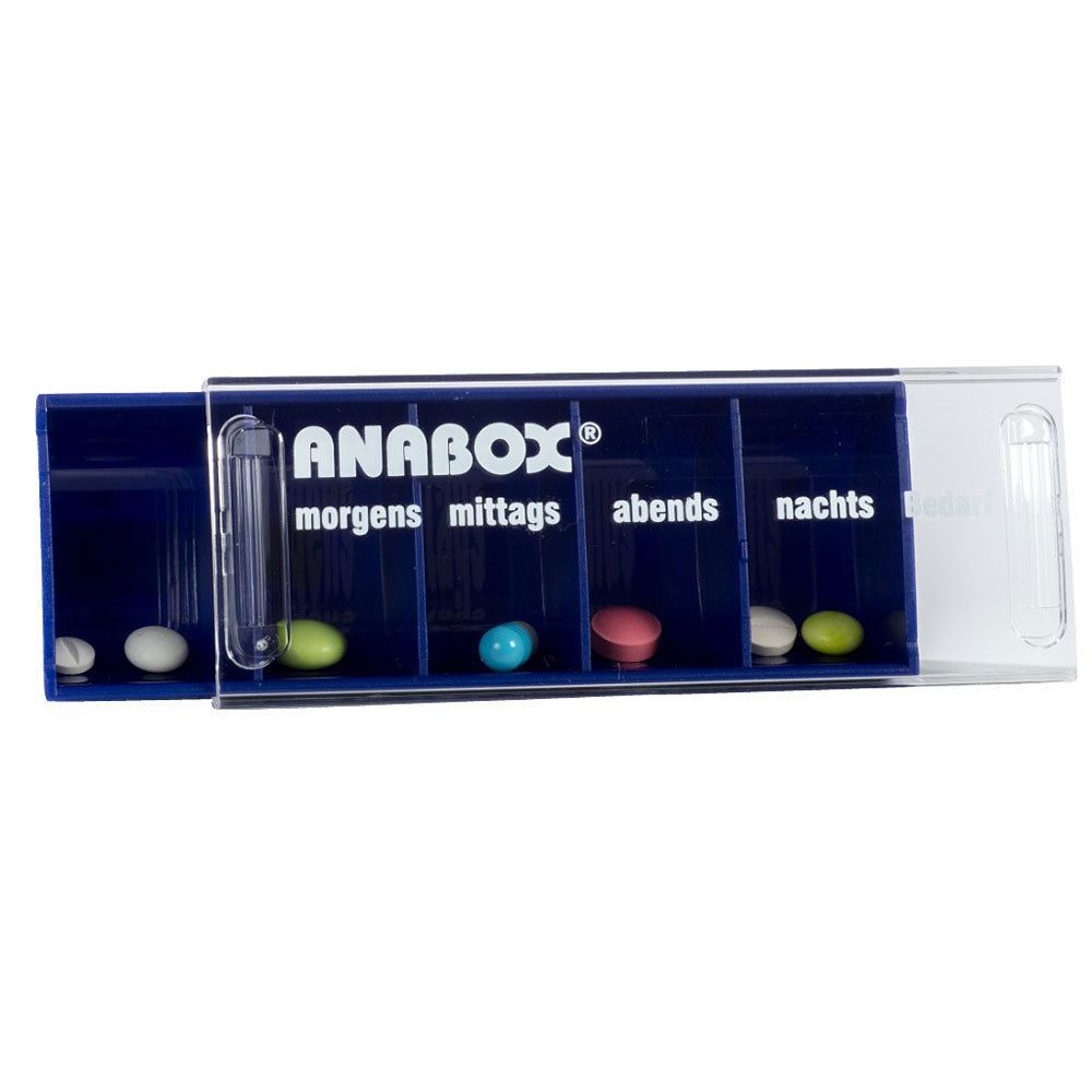 Blaue Tablettenbox mit transparentem Deckel. Beschriftung: ANABOX, morgens, mittags, abends, nachts. Enthält Tabletten in verschiedenen Farben.