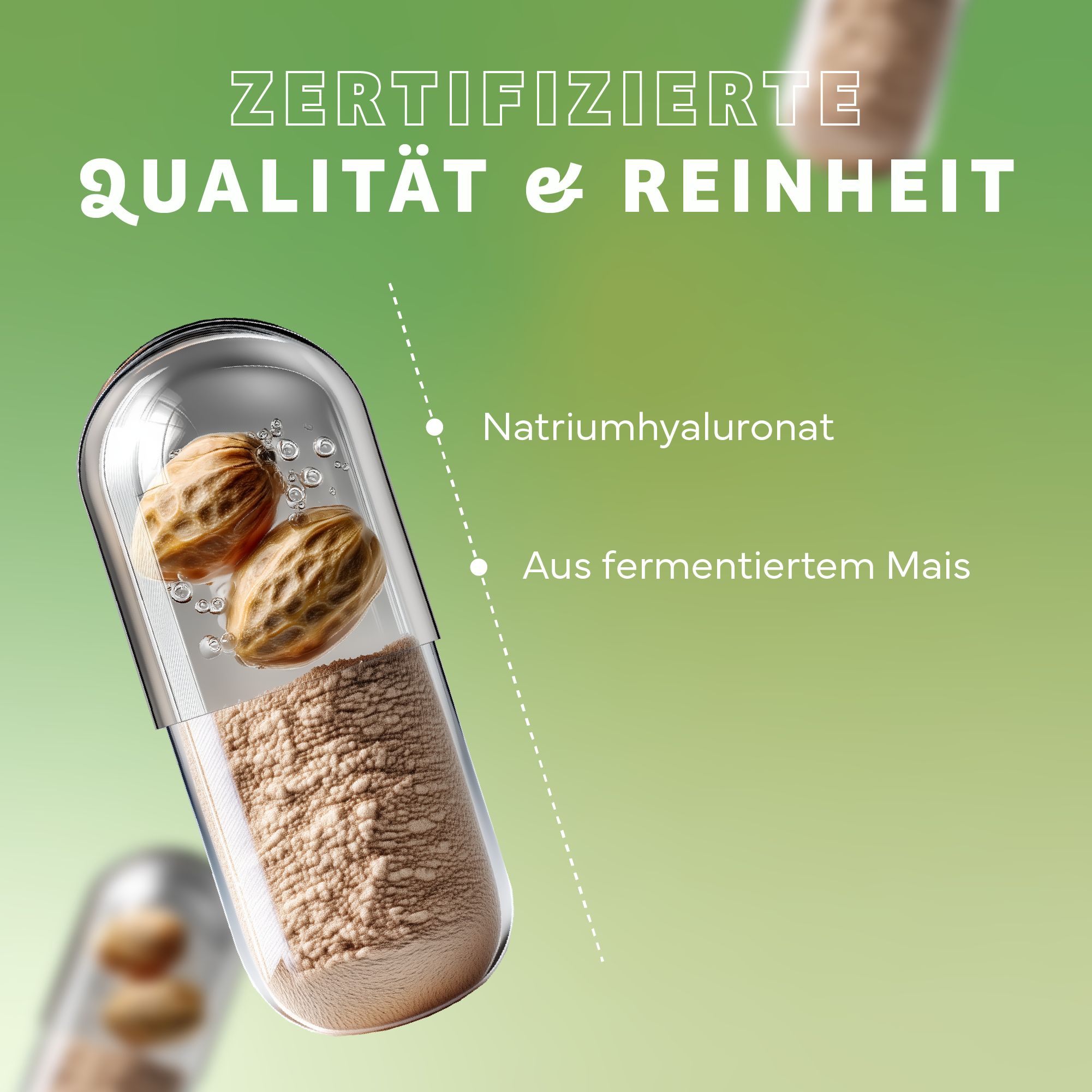 Kapsel mit Inhalt. Text: Zertifizierte Qualität & Reinheit. Natriumhyaluronat. Aus fermentiertem Mais. Mehrere Kapseln im Bild.
