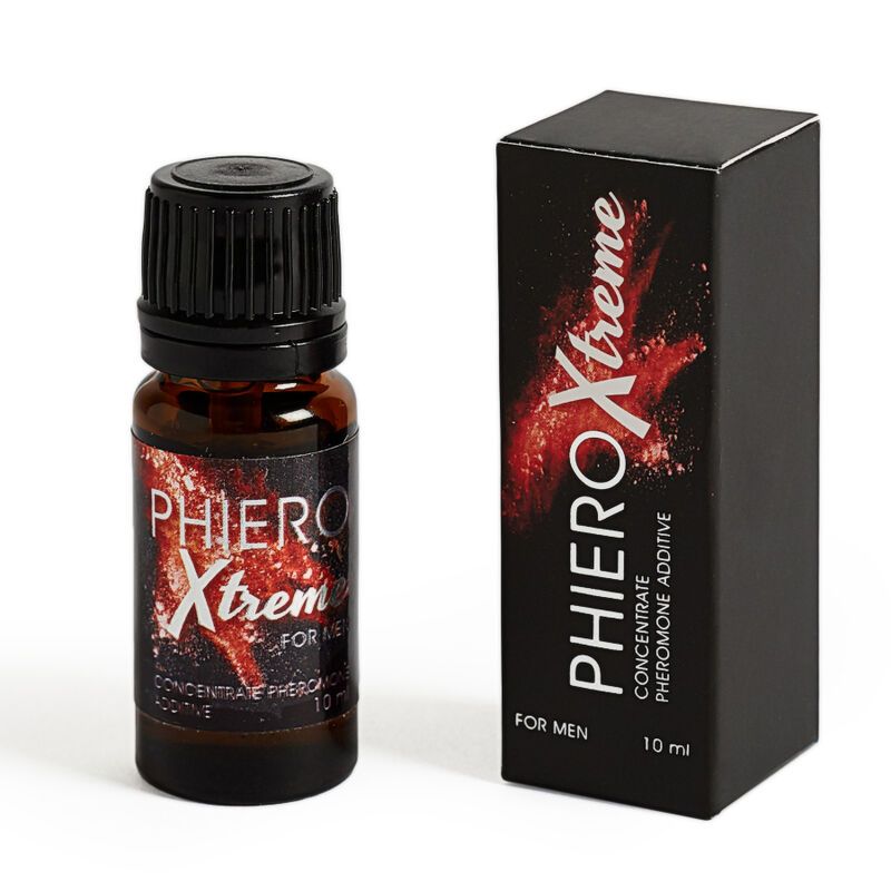 Braune Glasflasche und schwarze Schachtel. Aufschrift: Phiero Xtreme. Flasche mit schwarzem Deckel, Schachtel mit roter Schrift.